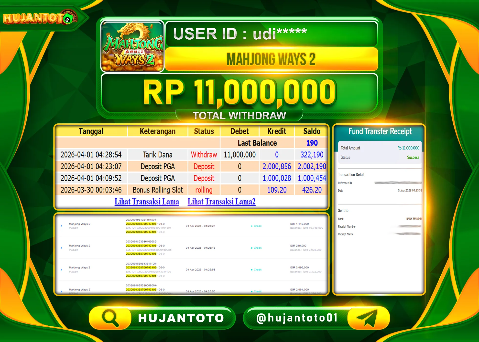 HUJANTOTO - BUKTI JACKPOT MENANG SLOT MAHJONG WAYS 2 Rp.11,000,000 - TERBAYAR LUNAS