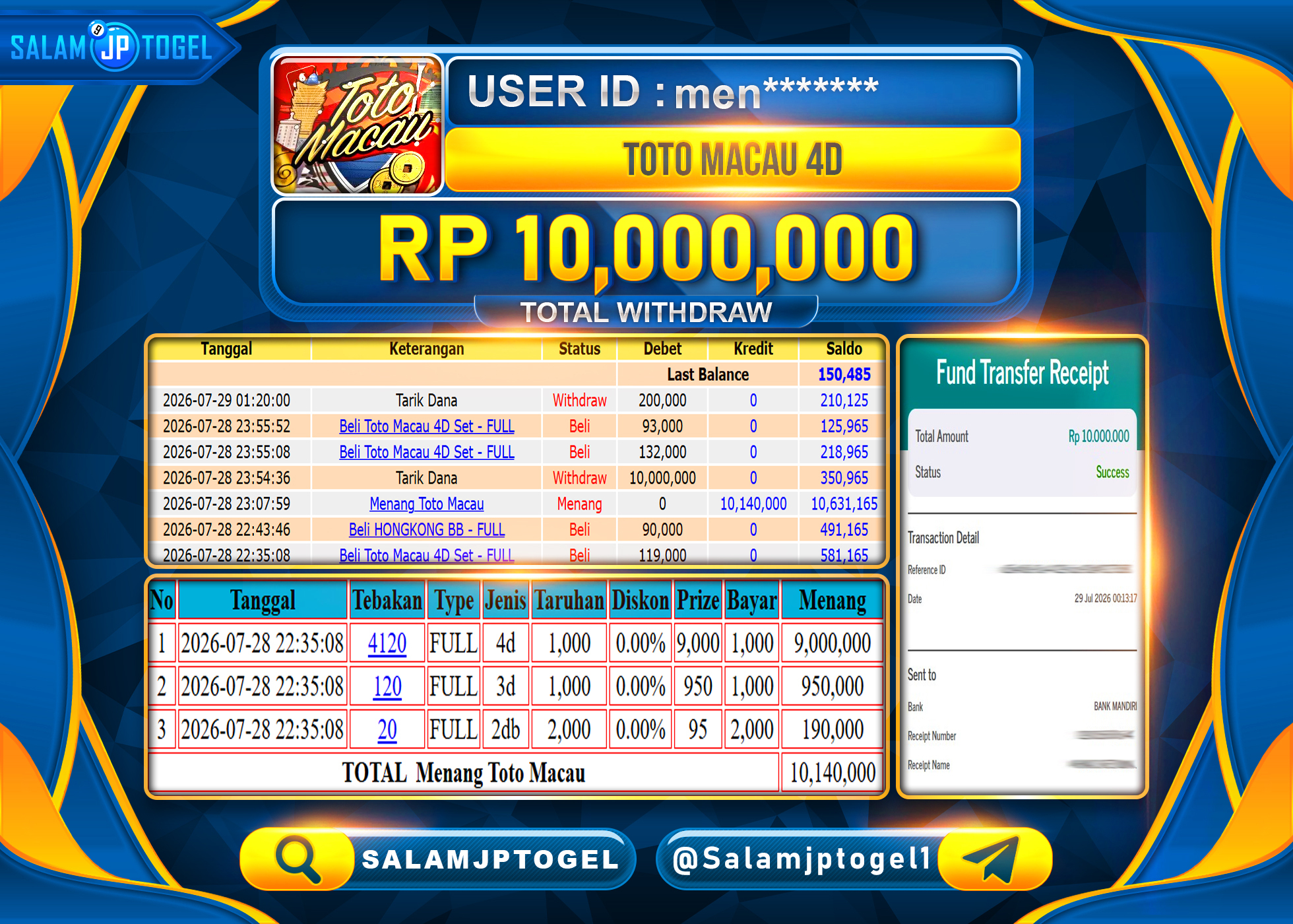 SALAMJPTOGEL JACKPOT MENANG TOTO MACAU 4D  (TOGEL TOTO) Rp.10,000,000 - LUNAS