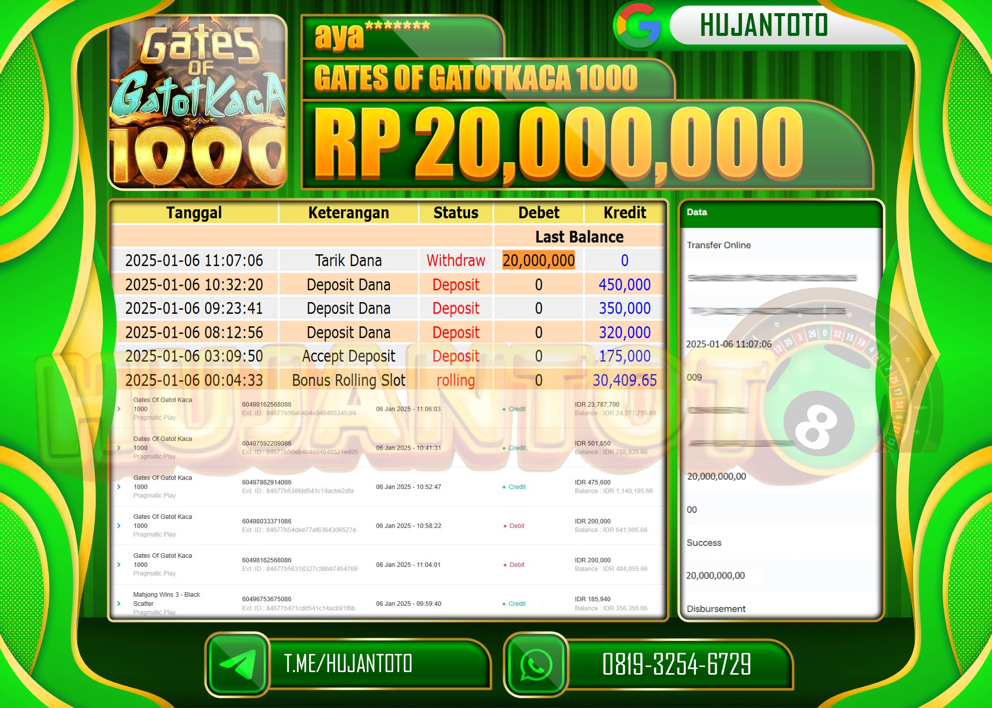 HUJANTOTO - BUKTI JACKPOT DI PERMAINAN SLOT GATES OF GATOTKACA 1000 Rp.20,000,000,- TERBAYAR LUNAS