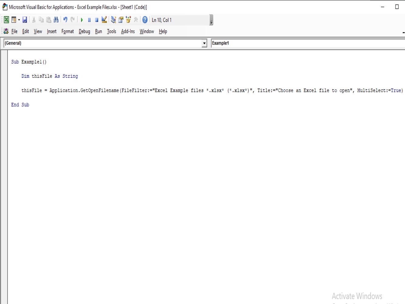 Screenshot of the code for open file dialog box
