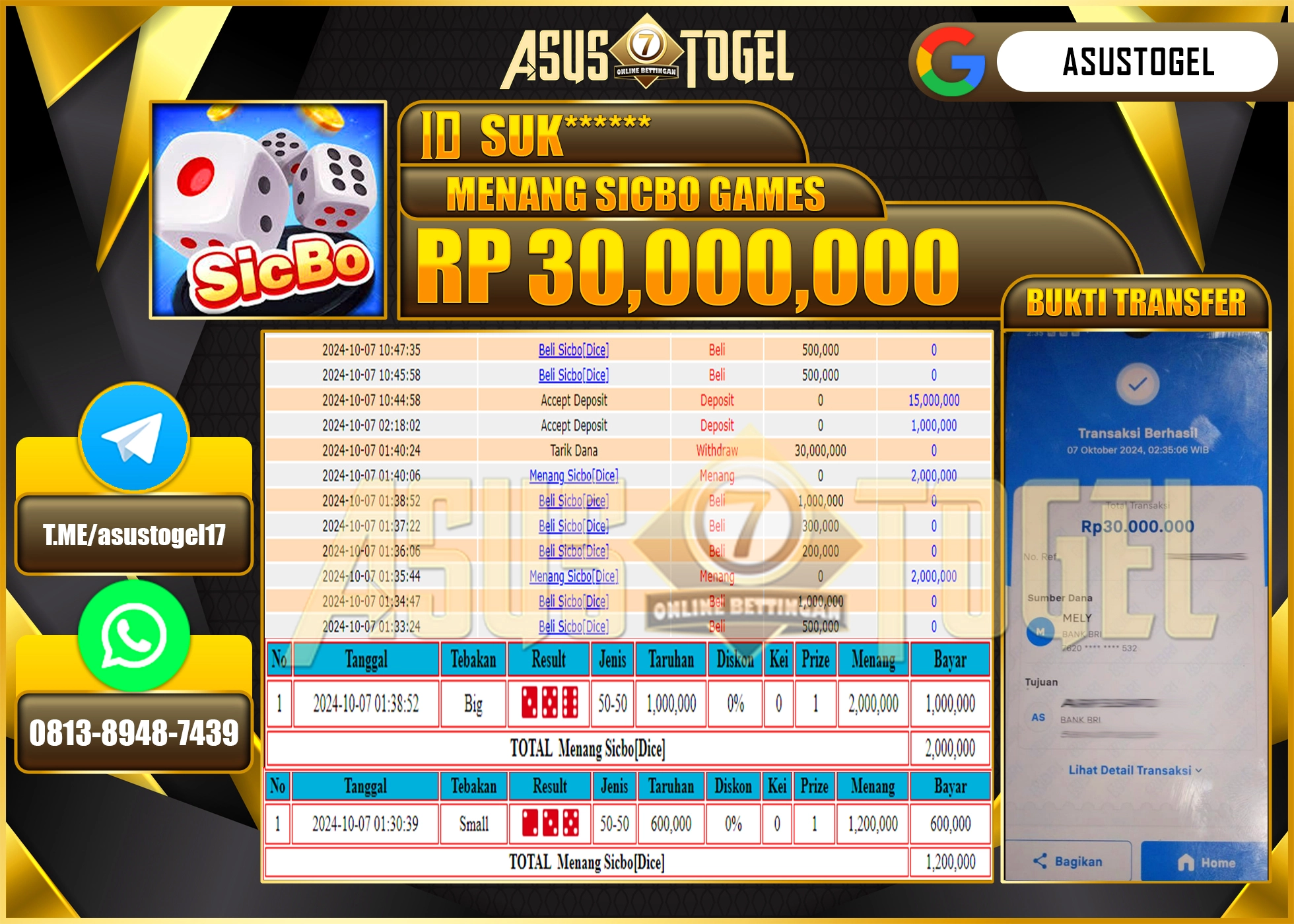 ASUSTOGEL KEMENANGAN  DI GAMES   MENANG SICBO  DICE GAMES  SEBESAR 30,000,000- RUPIAH LUNAS