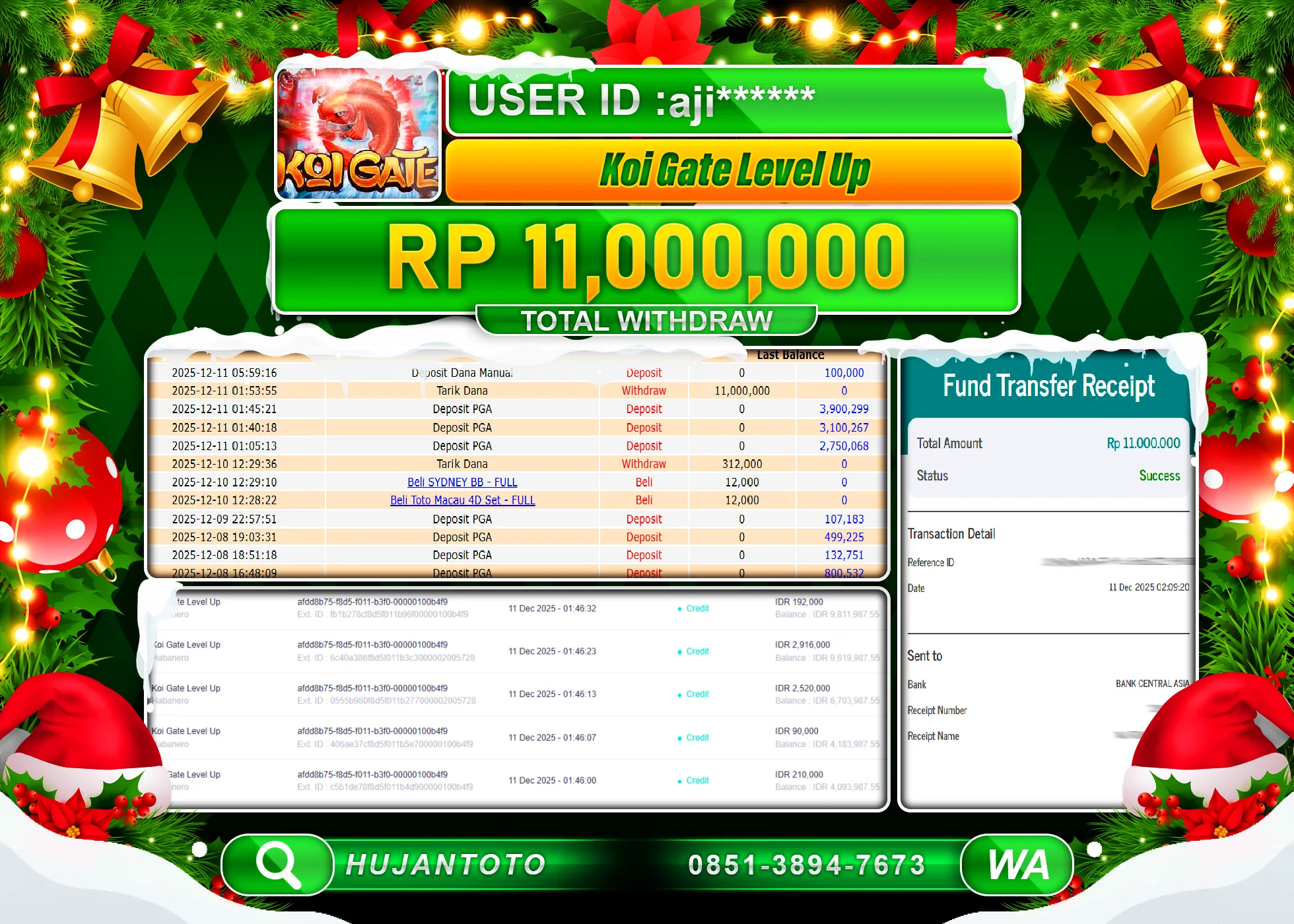 HUJANTOTO - BUKTI JACKPOT MENANG SLOT Koi Gate Level Up Pragmatic Play Rp.11,000,000 - TERBAYAR LUNAS