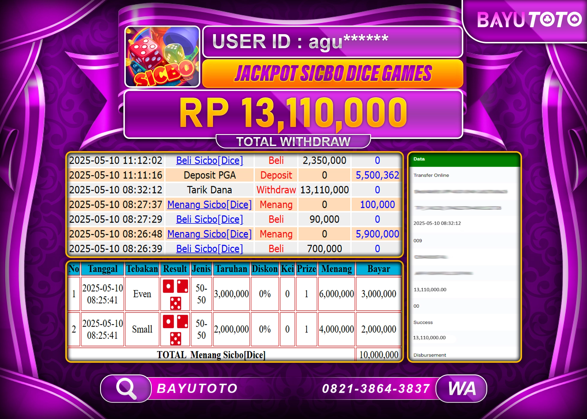 BAYUTOTO JACKPOT LIVE GAMES SICBO  DICE Rp.13,110,000 LUNAS