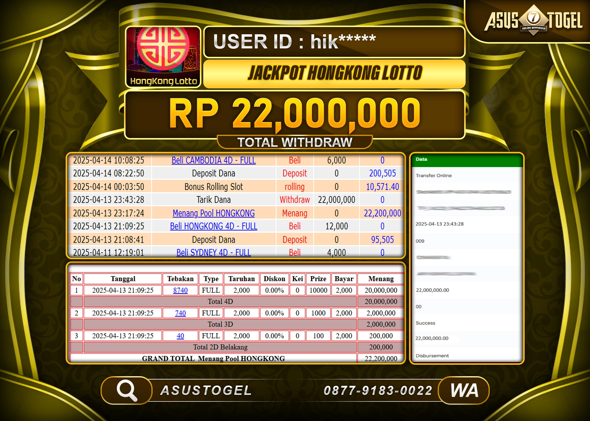 ASUSTOGEL KEMENANGAN DI TOGEL HONGKONG LOTTO SEBESAR 22,000,000- RUPIAH LUNAS
