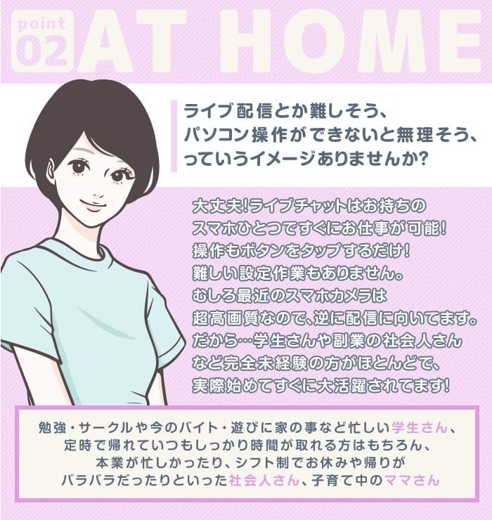 特別な知識やスキルも不要。チャットレディのお仕事はスマホの画面をタップするだけで簡単すぐに始められます。