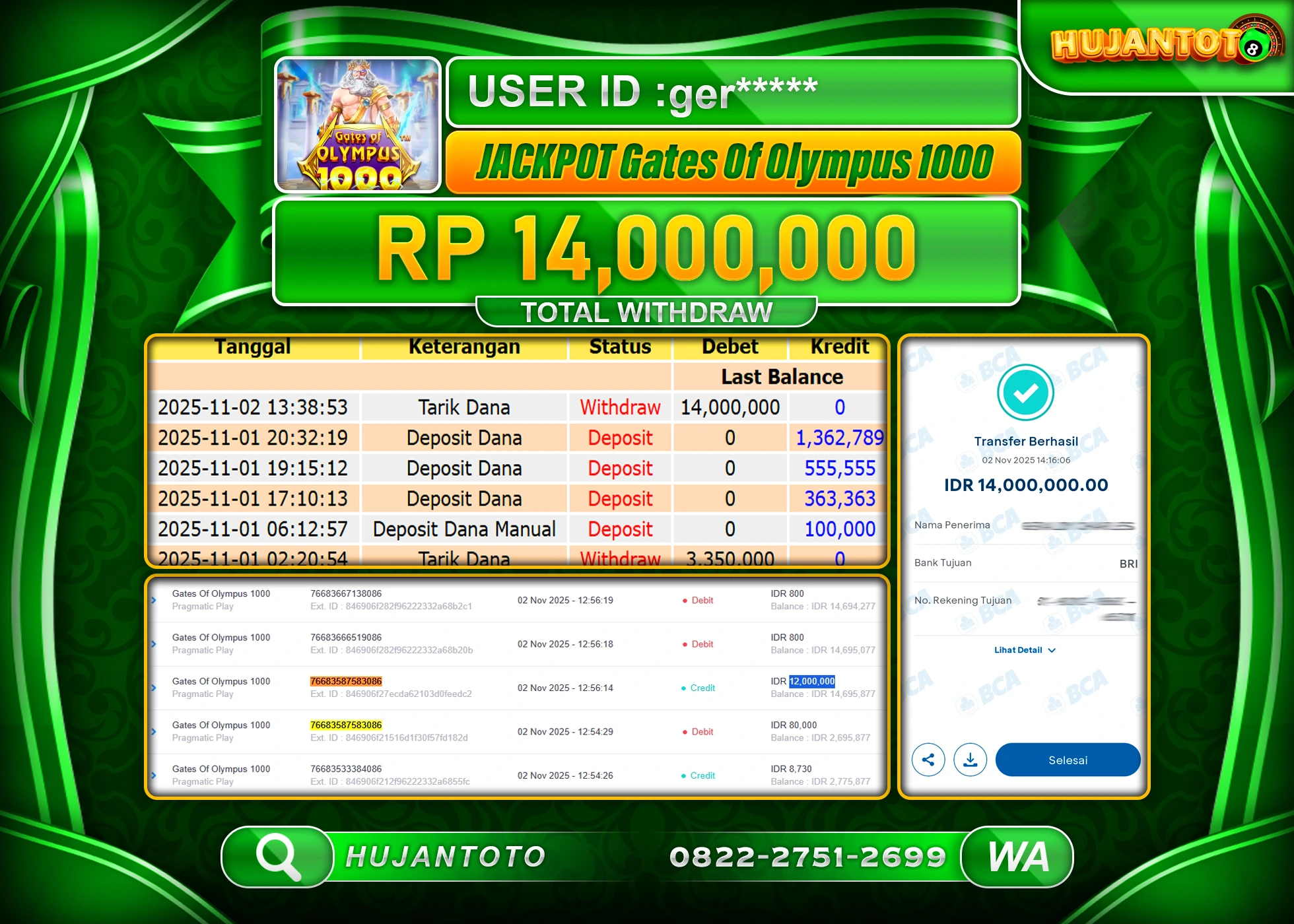 HUJANTOTO - BUKTI JACKPOT MENANG SLOT GATES OF OLYMPUS 1000 Rp.14,000,000 - TERBAYAR LUNAS