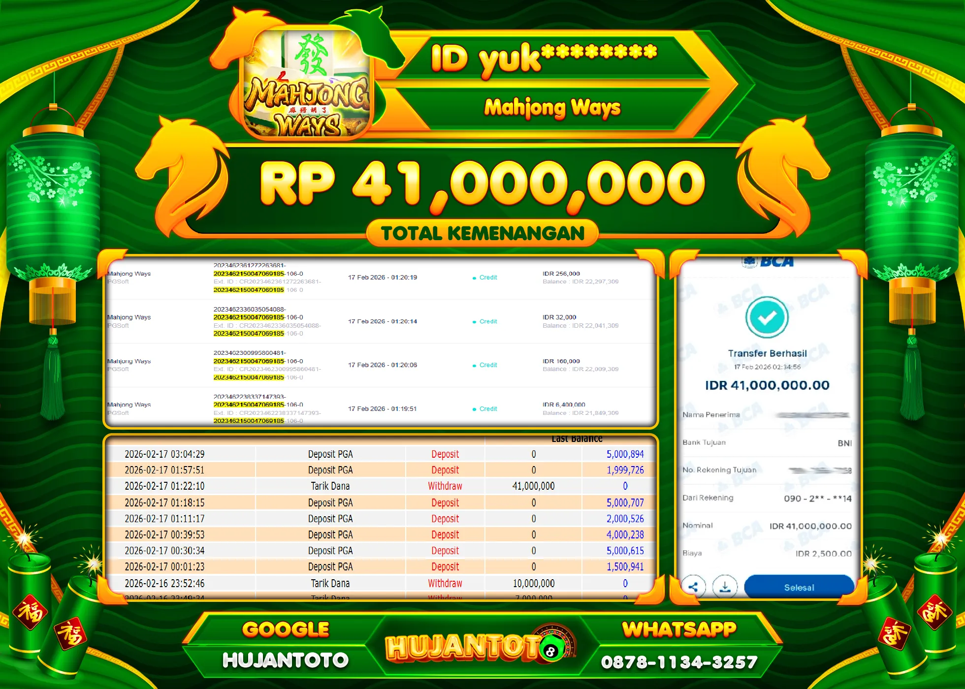 HUJANTOTO - BUKTI JACKPOT MENANG SLOT MAHJONG WAYS Rp.41,000,000 - TERBAYAR LUNAS
