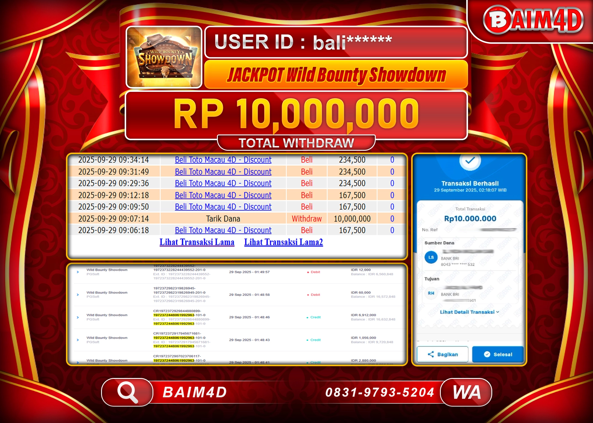 BAIM4D JACKPOT SLOT WILD BOUNTY SHOWDOWN Rp.10,000,000.- LUNAS