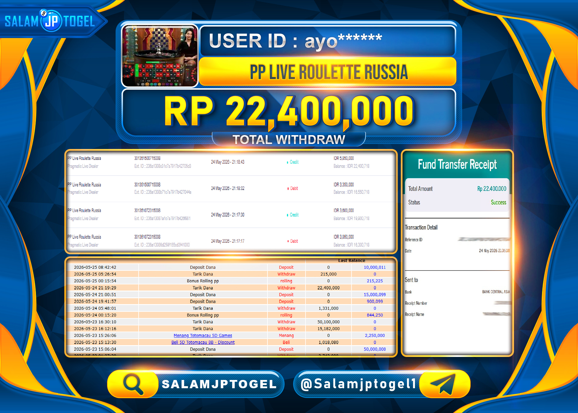 SALAMJPTOGEL JACKPOT PP Live Roulette Russia (Pragmatic Live) Rp.22,400,000 - LUNAS