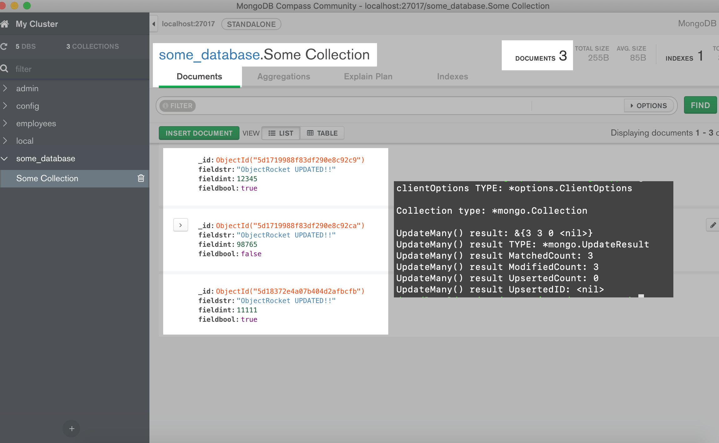 Screenshot of the MongoDB Compass UI getting the update documents using the official Golang driver