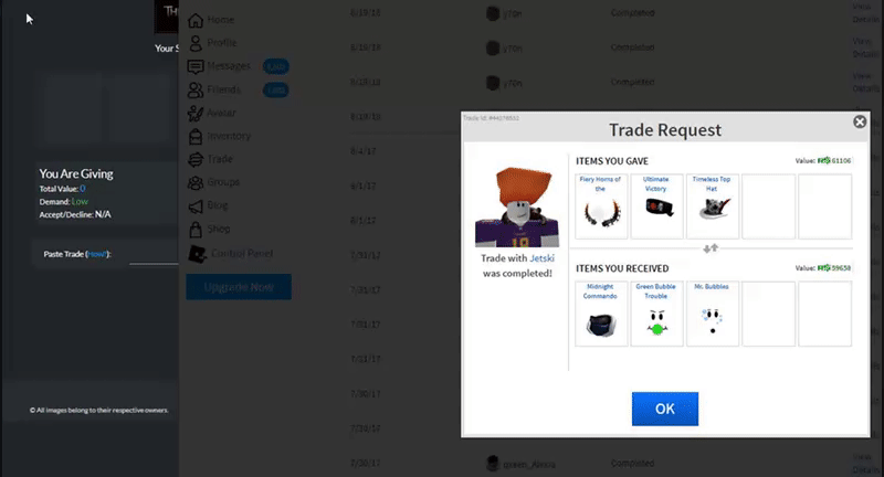 Rbxrocks - open a trade screen from roblox and copy the entire trade selection