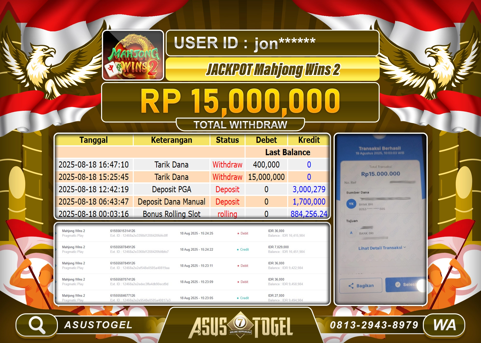 ASUSTOGEL KEMENANGAN DI SLOT MAHJONG WINS 2 SEBESAR 15,000,000- RUPIAH LUNAS