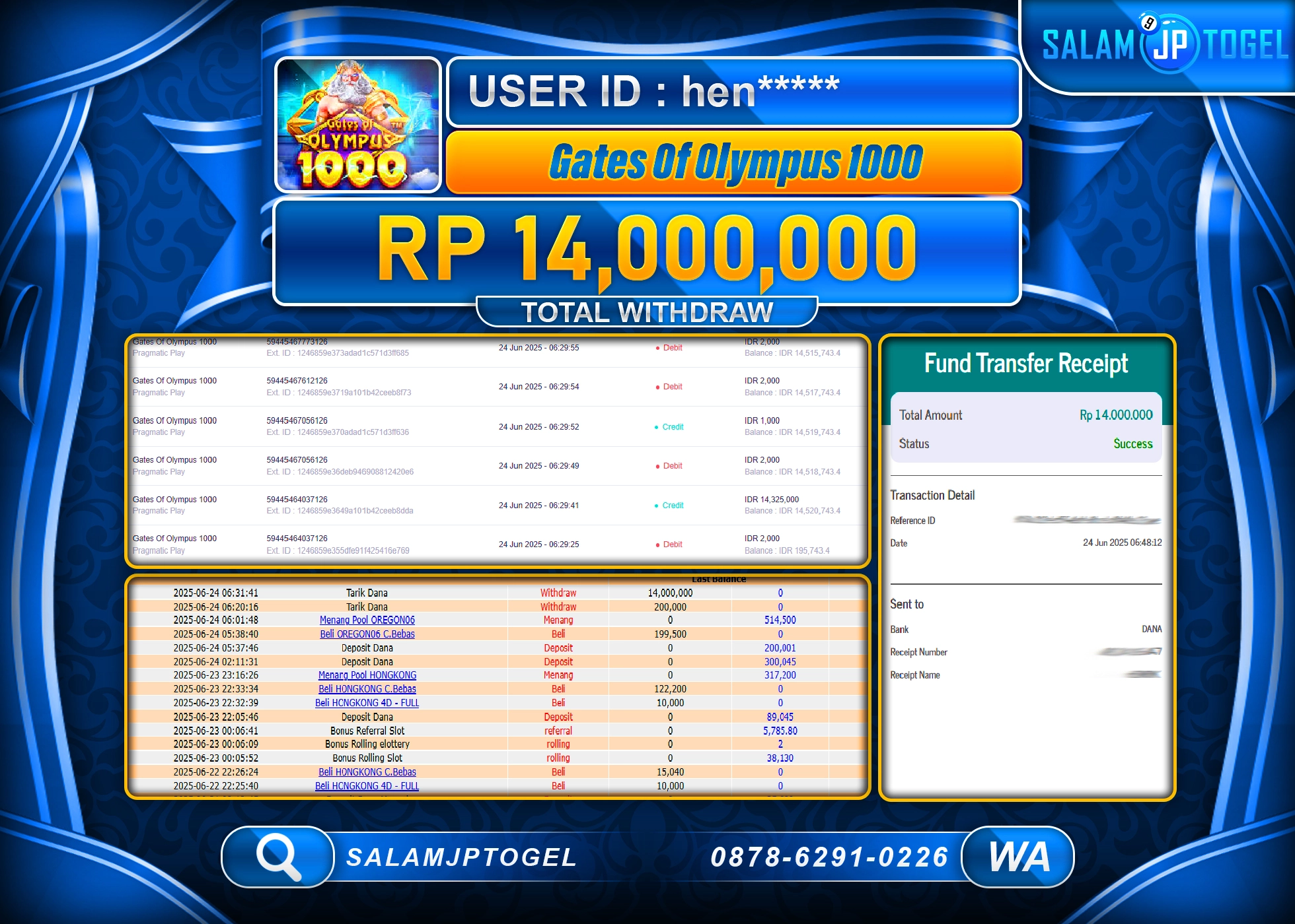SALAMJPTOGEL MENANG Gates Of Olympus 1000 Rp.14,000,000 LUNAS