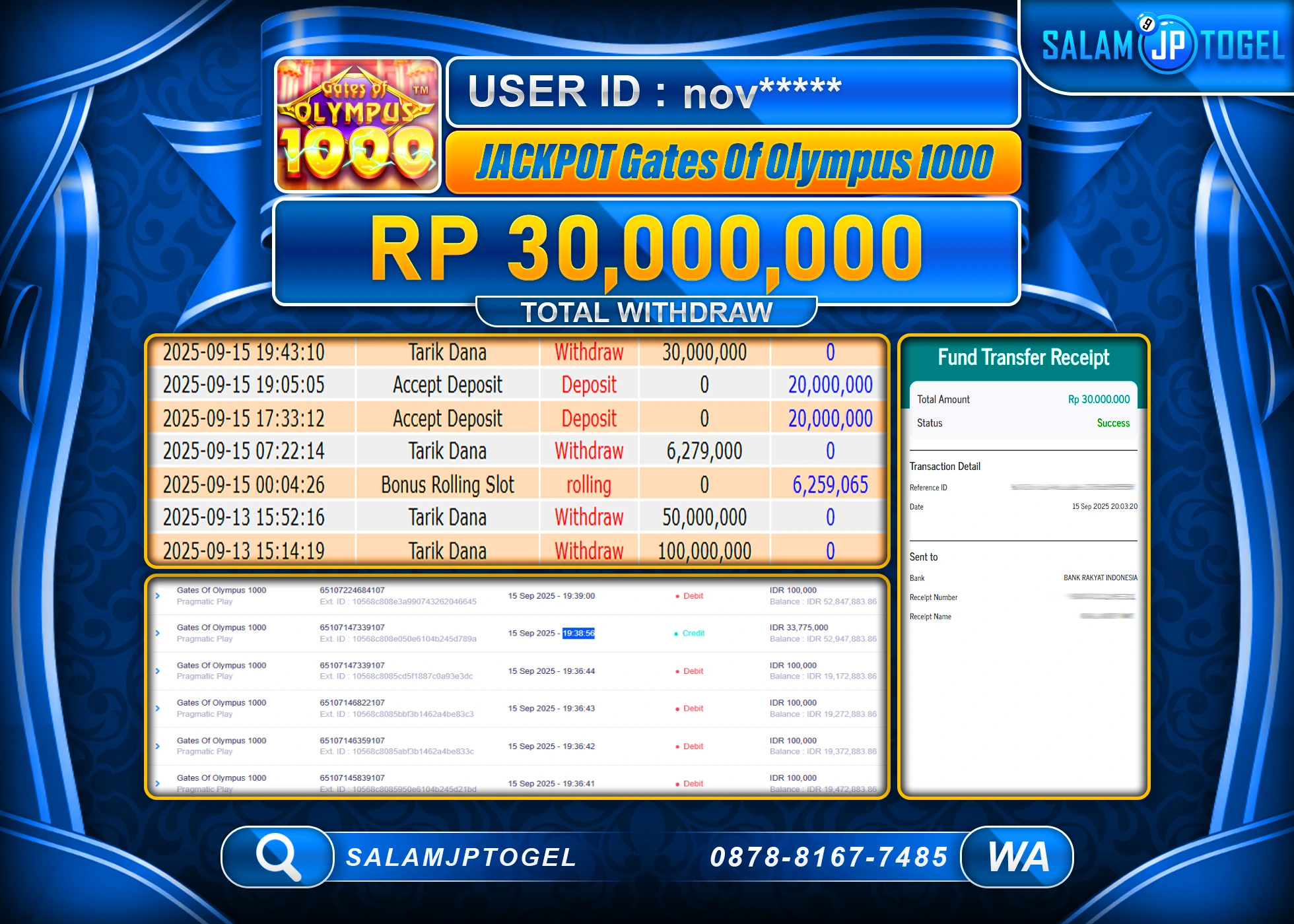 SALAMJPTOGEL MENANG GATES OF OLYMPUS 1000  Rp.30,000,000