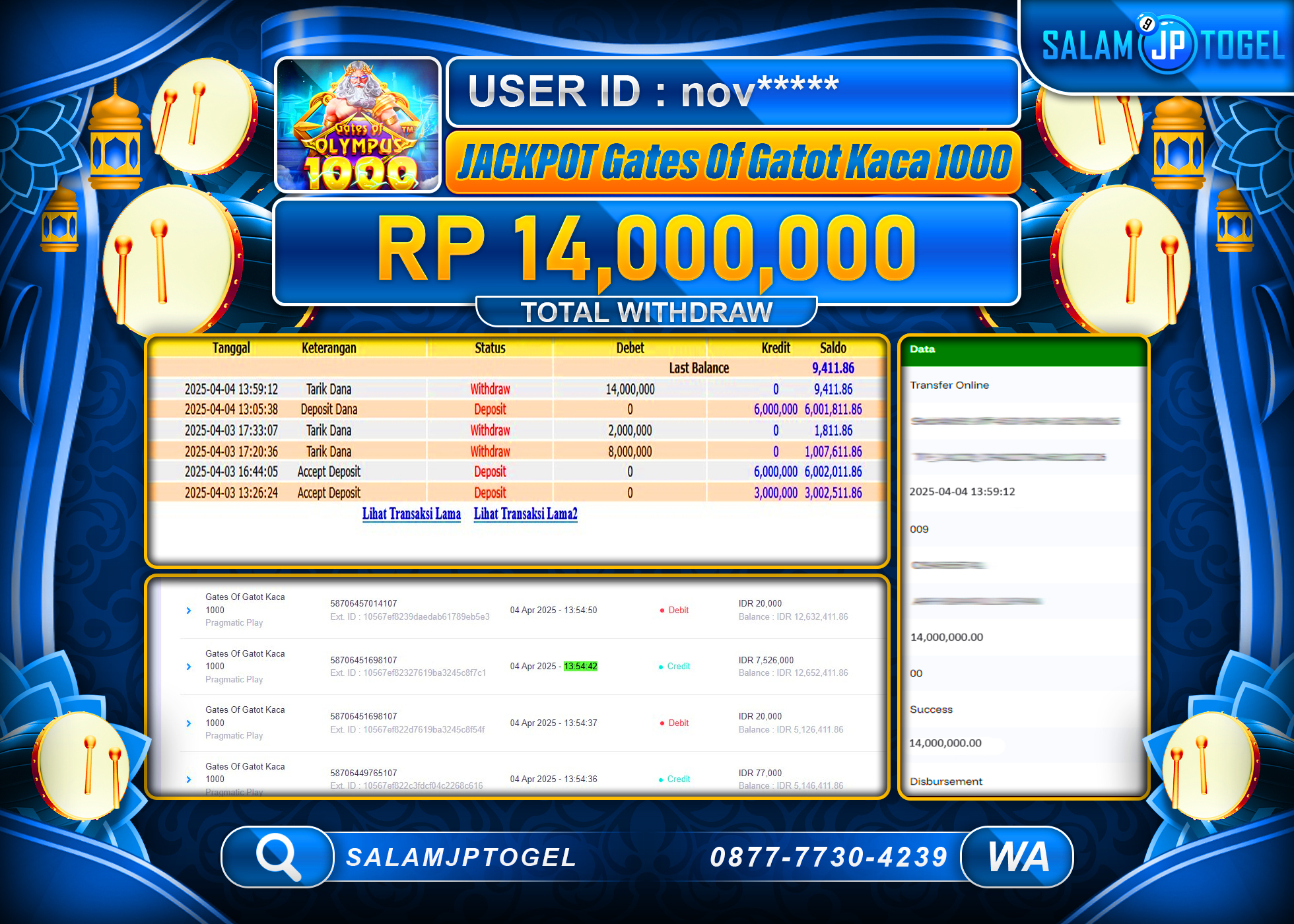 SALAMJPTOGEL MENANG GATES OF GATOT KACA 1000 Rp. 14,000,000 LUNAS