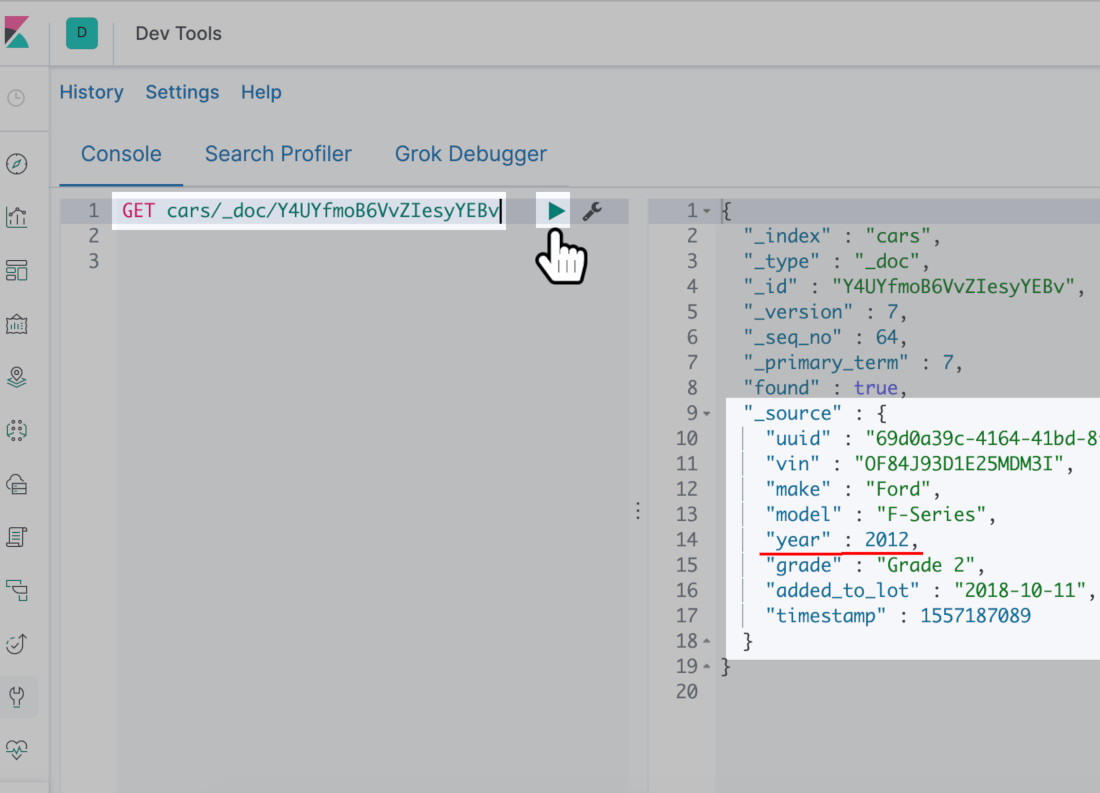 Screenshot of a GET request in Kibana of a document with some _source data