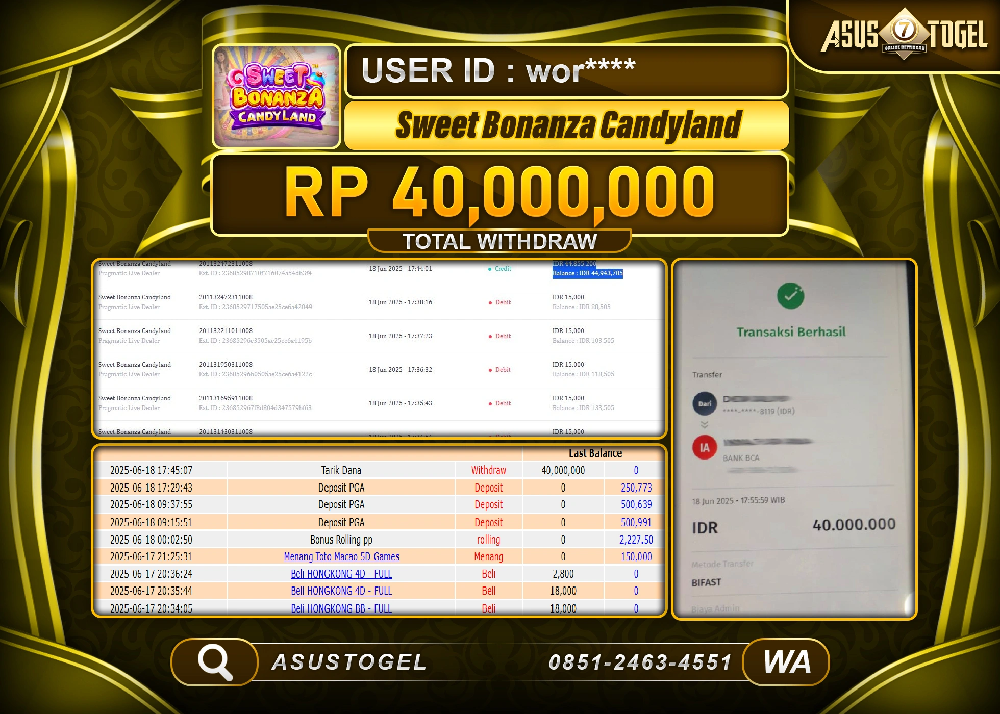 ASUSTOGEL KEMENANGAN DI SWEET BONANZA CANDYLAND SEBESAR 40,000,000- RUPIAH LUNAS