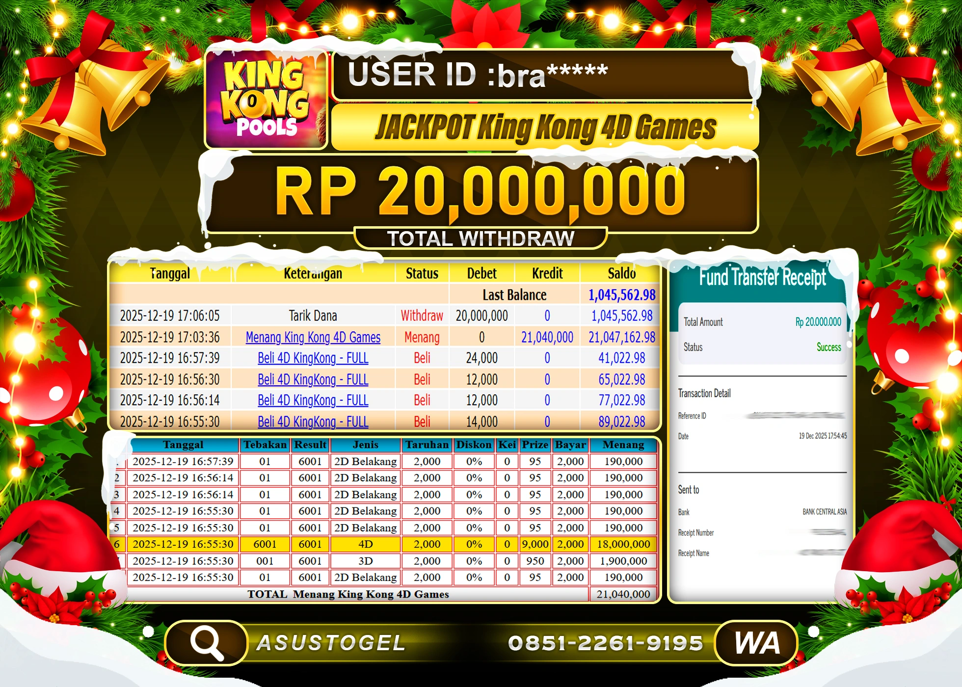 ASUSTOGEL KEMENANGAN DI TOGEL KING KONG 4D SEBESAR 20,000,000 - RUPIAH LUNAS
