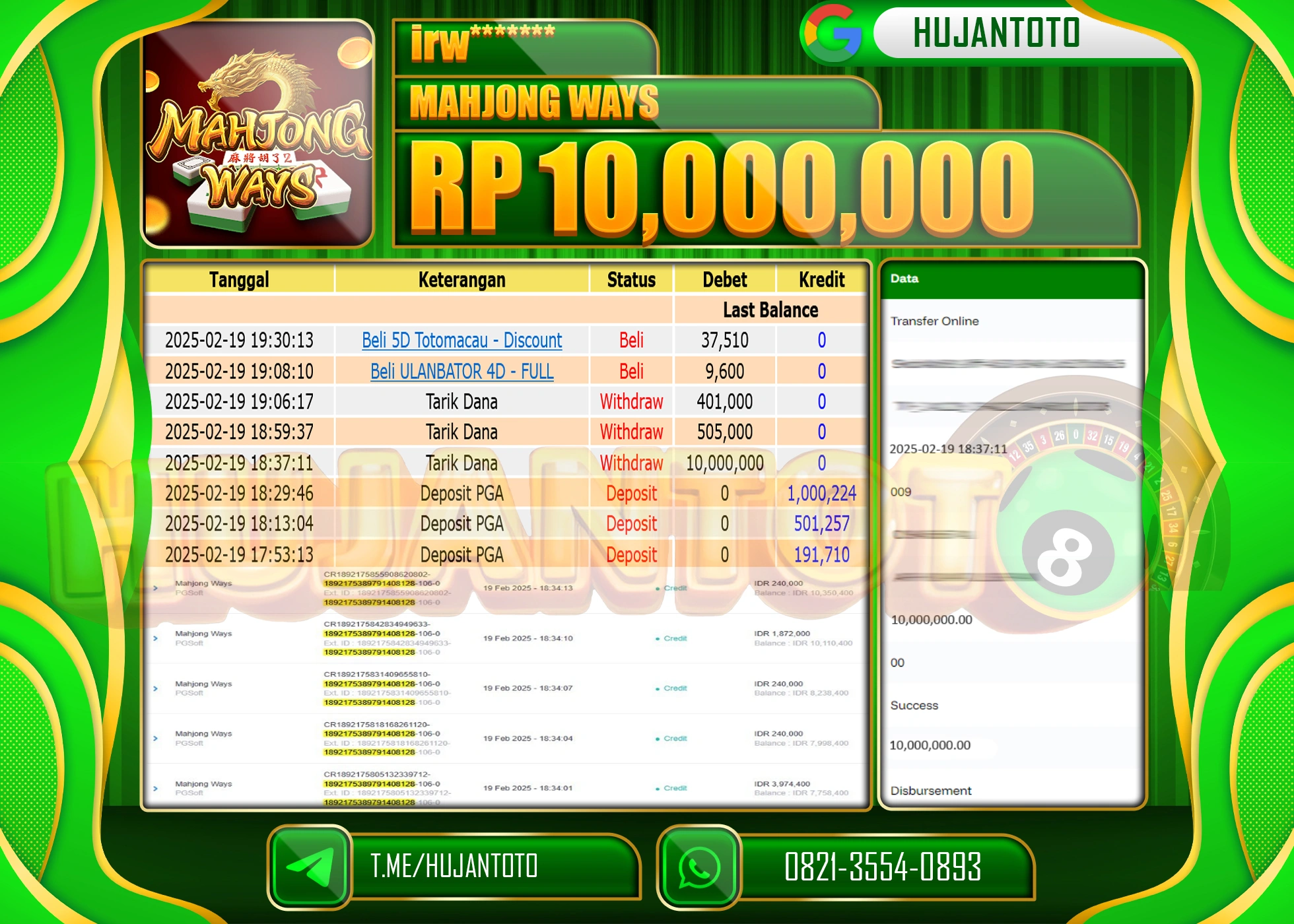 HUJANTOTO - BUKTI JACKPOT MENANG SLOT MAHJONG WAYS Rp,10.000,000 - TERBAYAR LUNAS