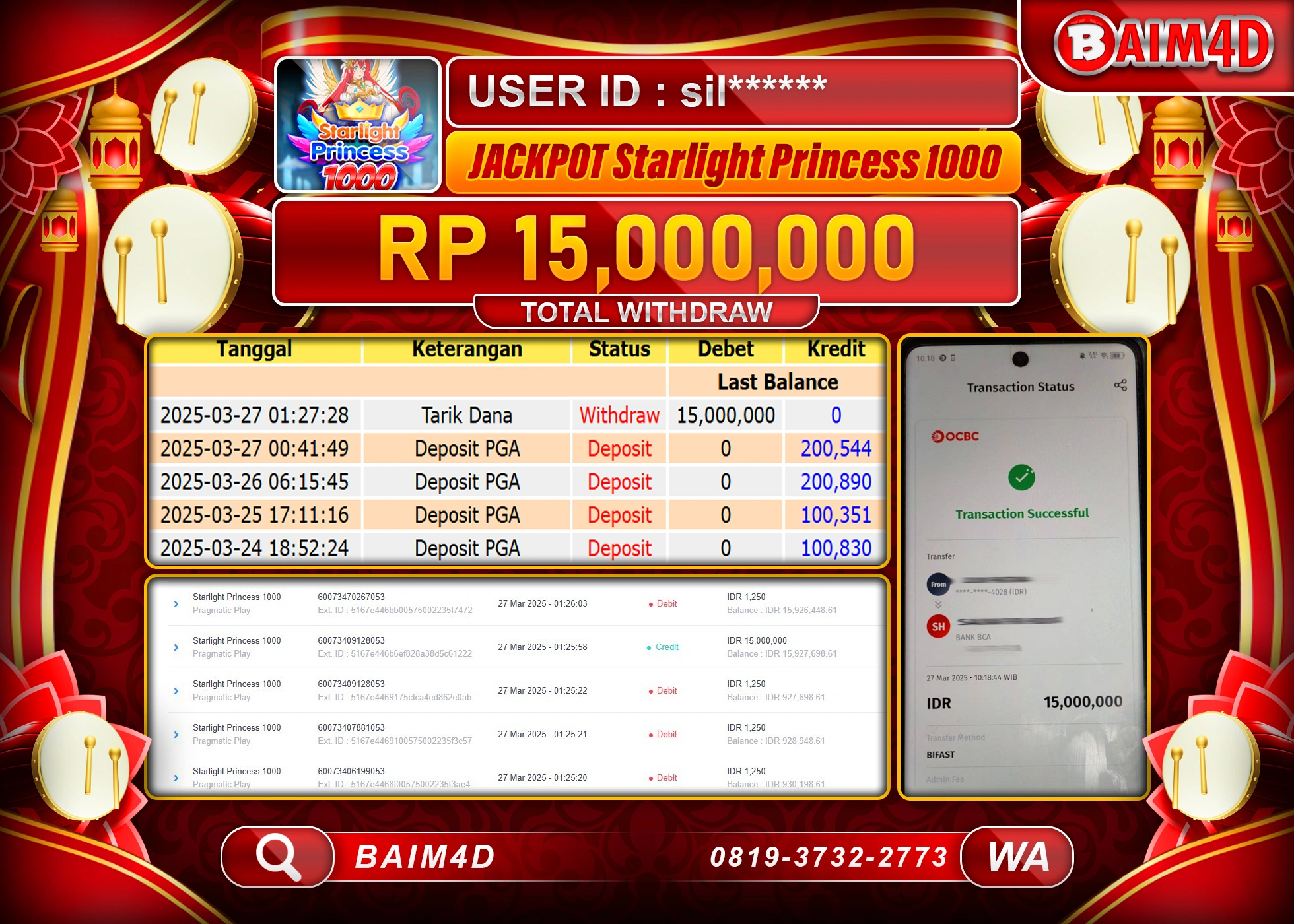 BAIM4D  MENANG STARLIGHT PRINCESS  1000 Rp.15.000,000.- LUNAS