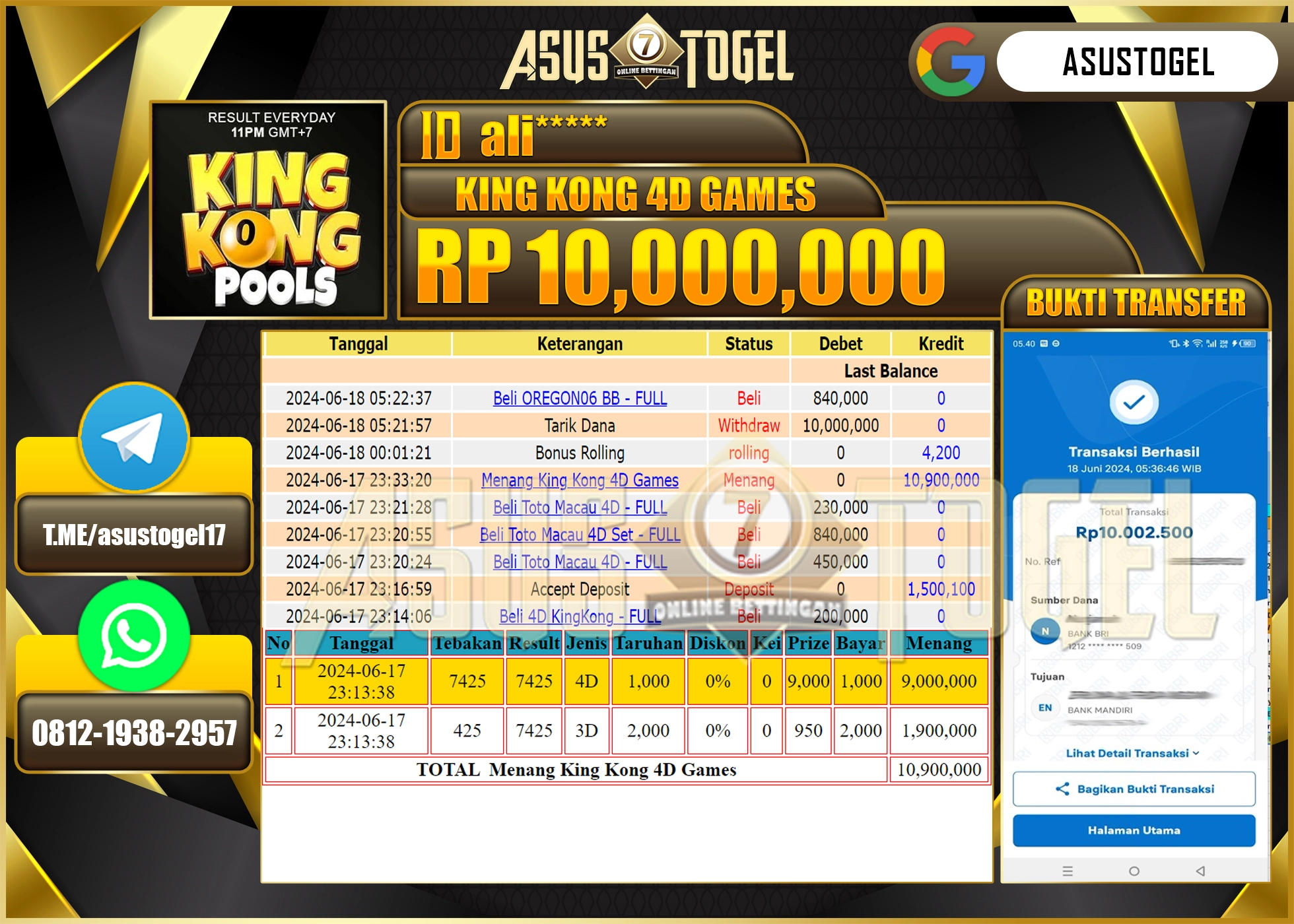 ASUSTOGEL KEMENANGAN KING KONG 4D GAMES SEBESAR 10,000,000-LUNAS