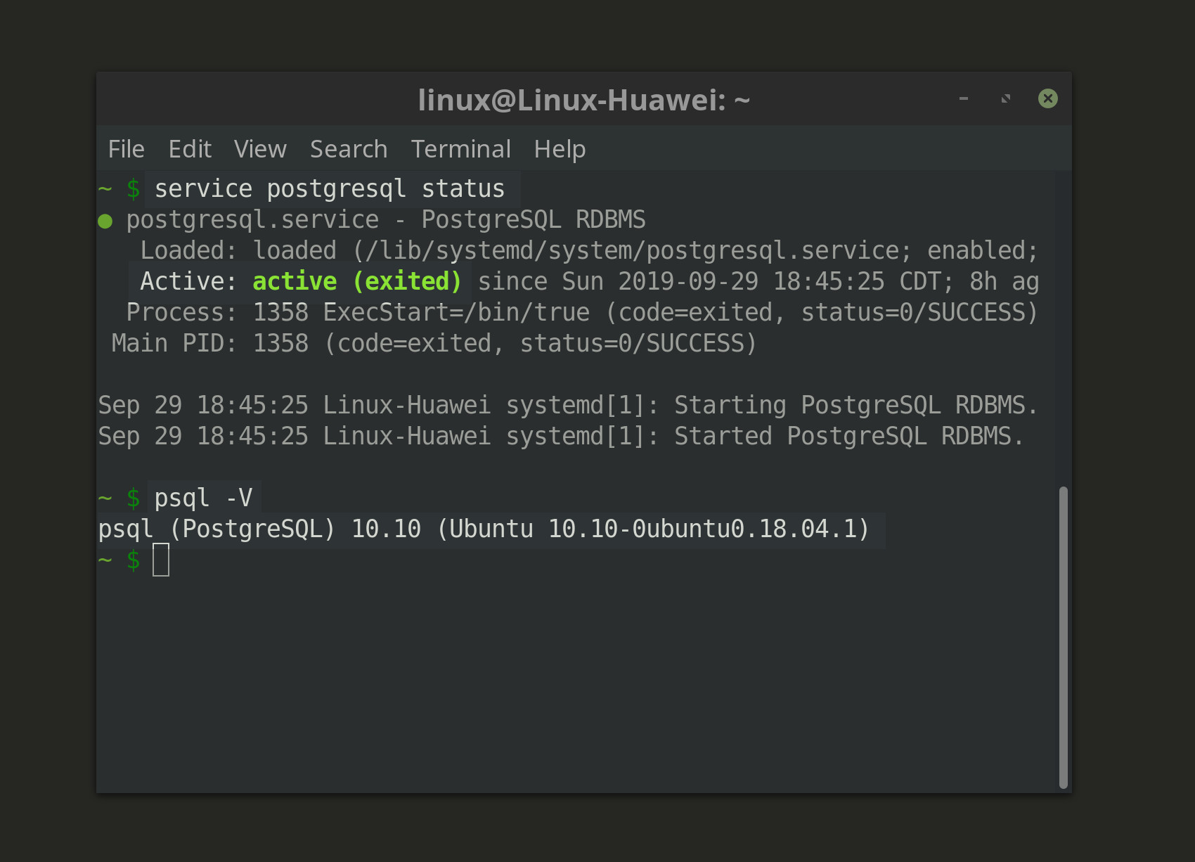 Screenshot of a terminal window getting the PostgreSQL server status and psql version