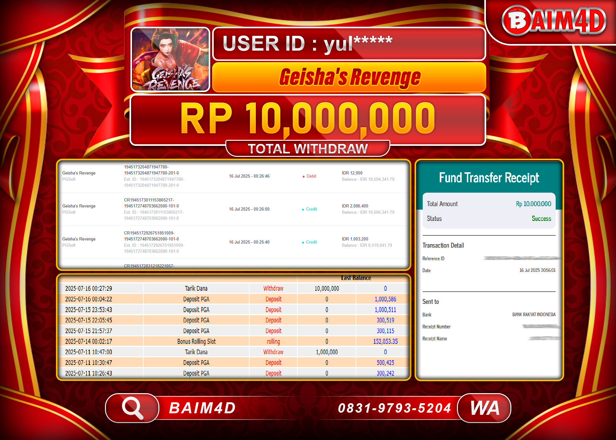 BAIM4D JACKPOT SLOT GEISHA'S REVENGE - PG SOFT Rp.10,000,000.- LUNAS