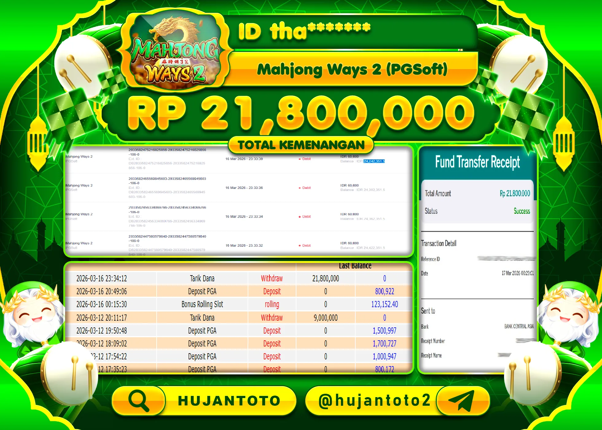 HUJANTOTO - BUKTI JACKPOT MENANG SLOT MAHJONG WAYS 2 Rp.21,800,000 - TERBAYAR LUNAS