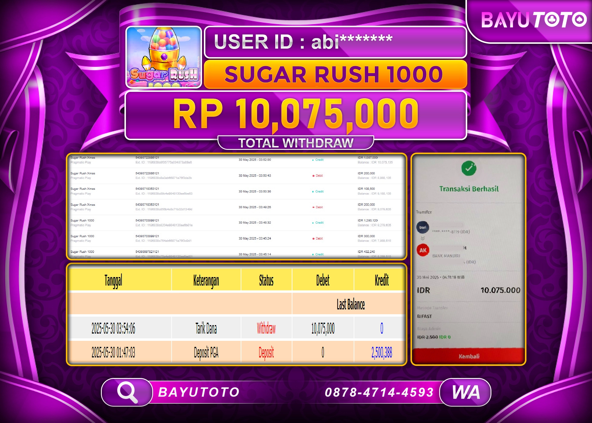 BAYUTOTO JACKPOT DI SLOT SUGAR RUSH 1000 Rp.10.075.000 LUNAS