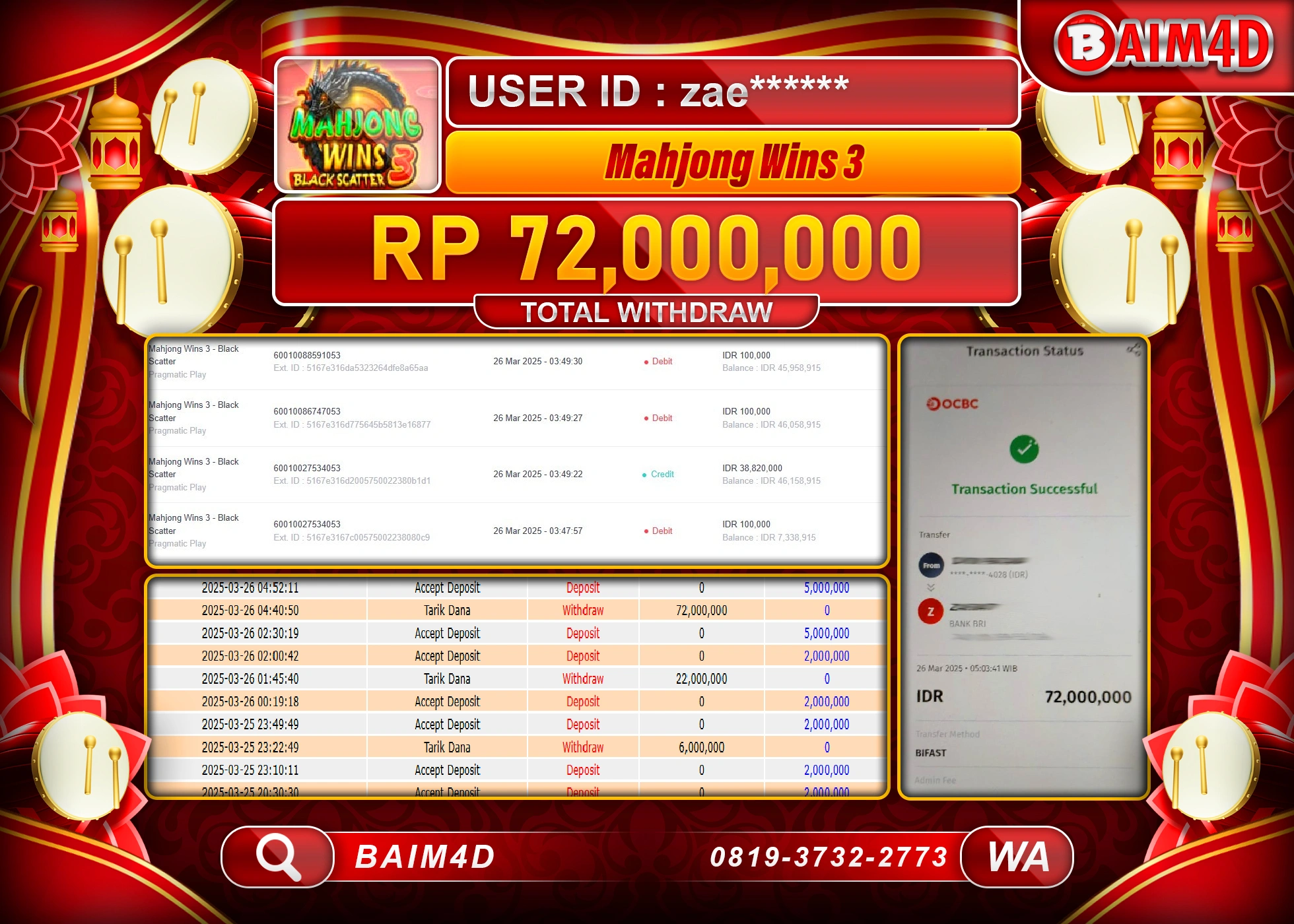 BAIM4D MENANG SLOT MAHJONG WINS 3  Rp.72.000,000.- LUNAS