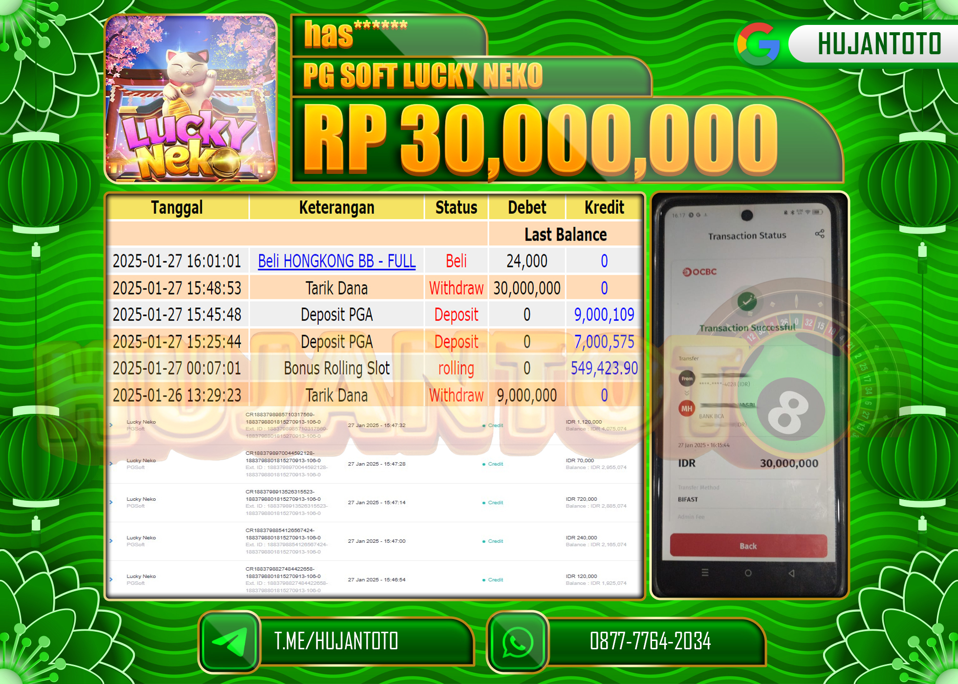 HUJANTOTO - BUKTI JACKPOT MENANG SLOT PG SOF LUCKY NEKO Rp,30,000,000 - TERBAYAR LUNAS