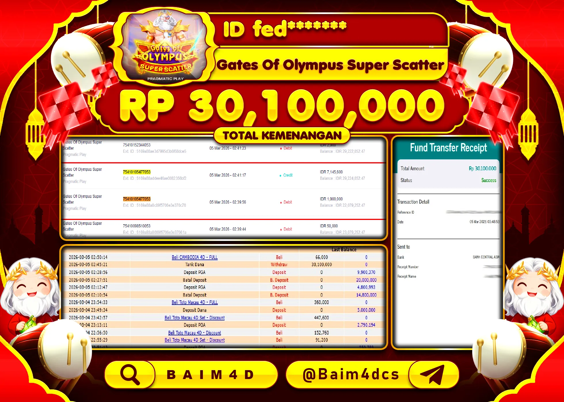 BAIM4D JACKPOT  GATES OF OLYMPUS SUPER SCATTER  Rp.30,100,000 - LUNAS