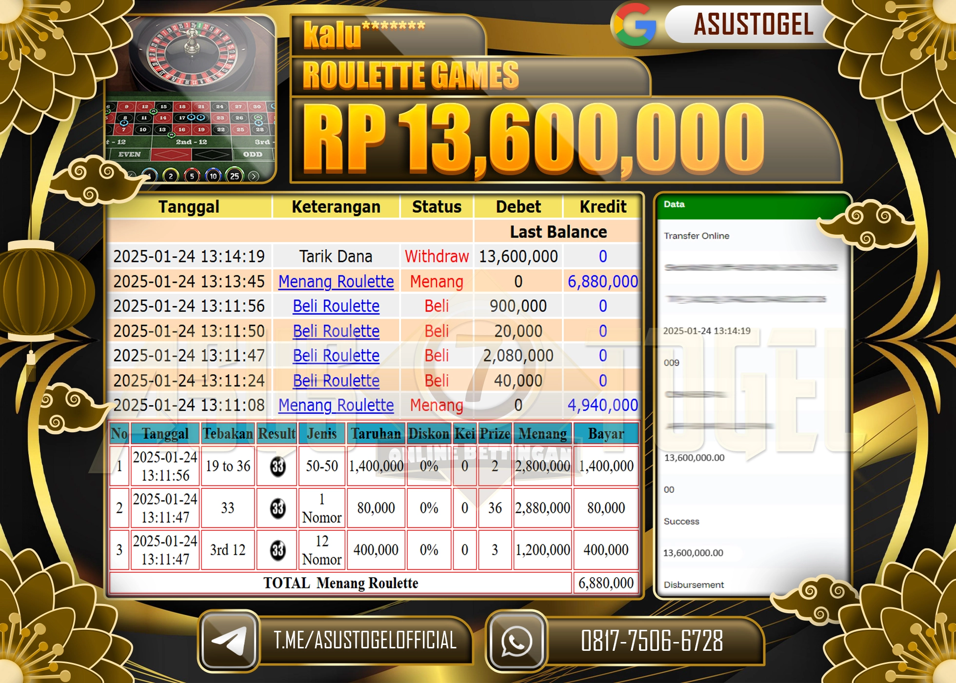 ASUSTOGEL KEMENANGAN DI ROULETTE GAMES SEBESAR 13.600.000 - RUPIAH LUNAS