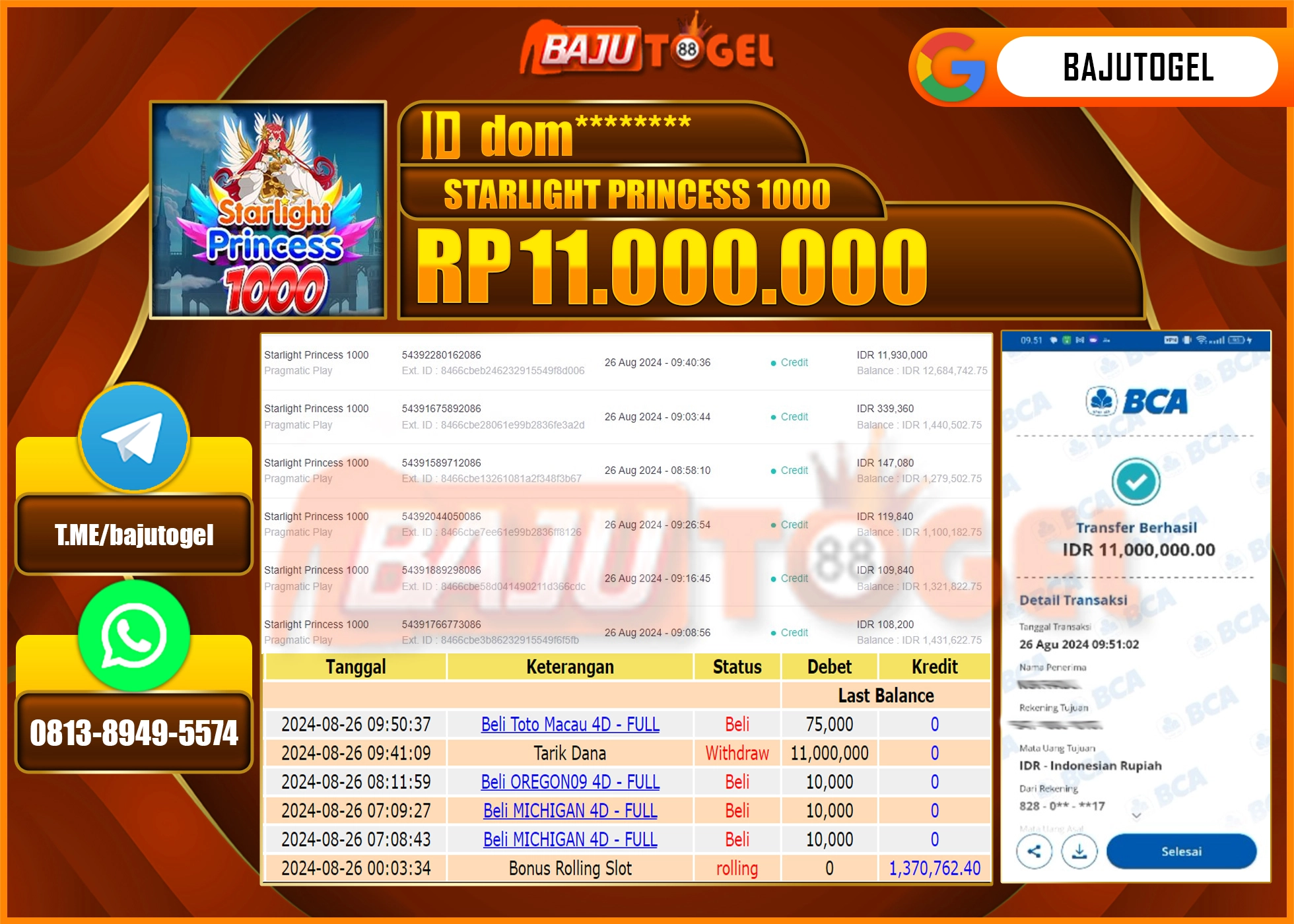 BAJUTOGEL JACKPOT STARLIGHT PRINCESS 1000 Rp.11.000.000 LUNAS