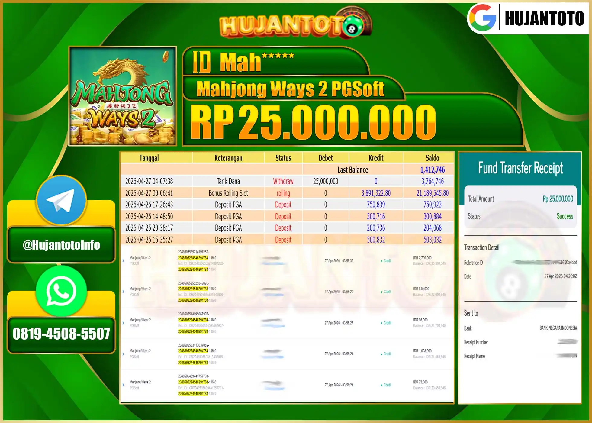 HUJANTOTO - BUKTI JACKPOT MENANG SLOT MAHJONG WAYS 2 Rp.25,000,000 - TERBAYAR LUNAS