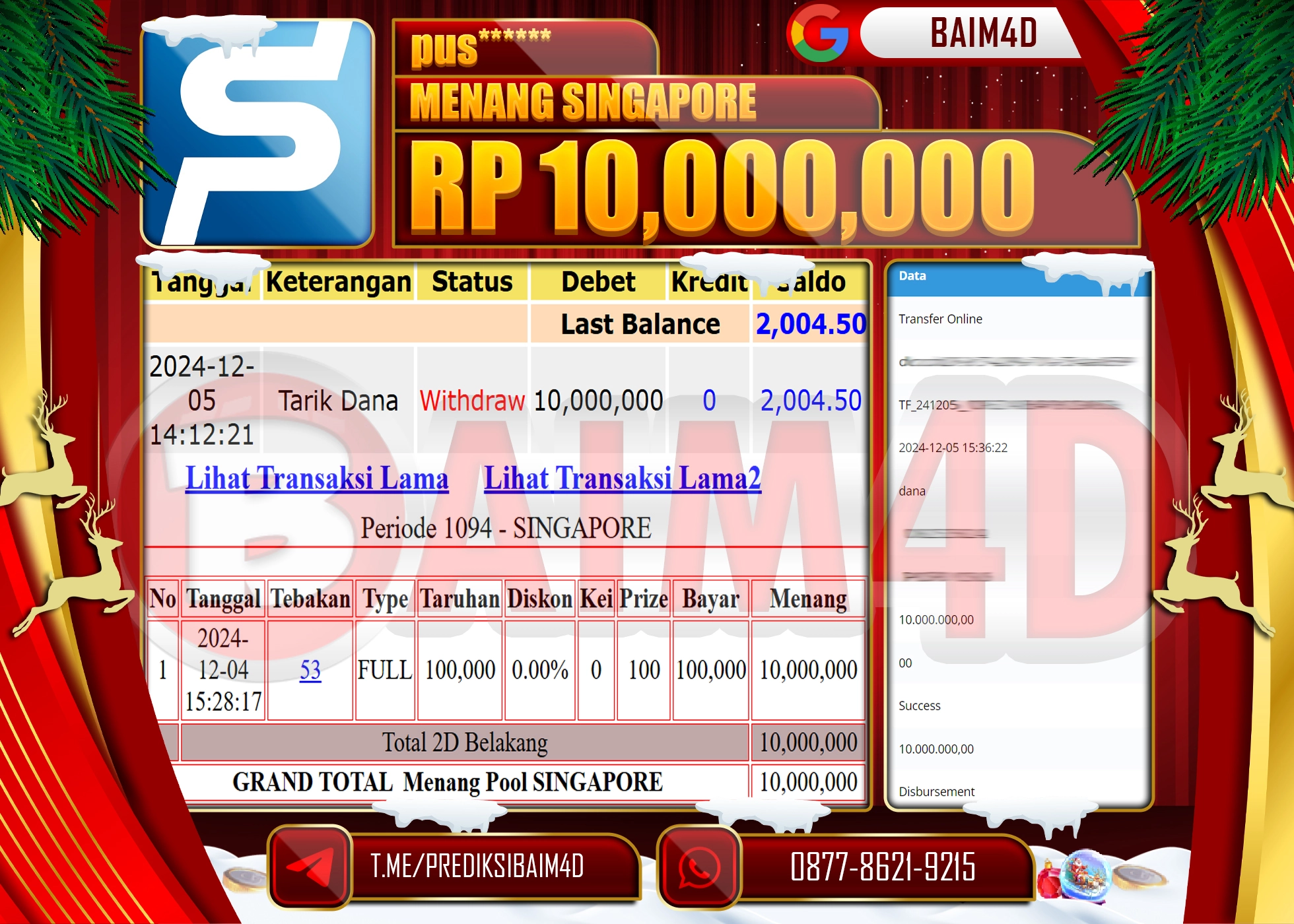 BAIM4D JACKPOT MENANG SINGAPORE POOLS Rp.10.000,000.- LUNAS