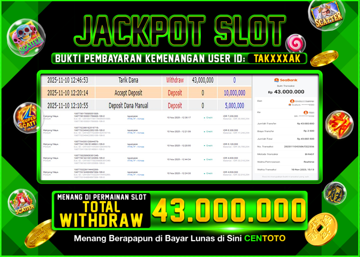 BUKTI JACKPOT SLOT CENTOTO RP.43.000.000,-LUNAS