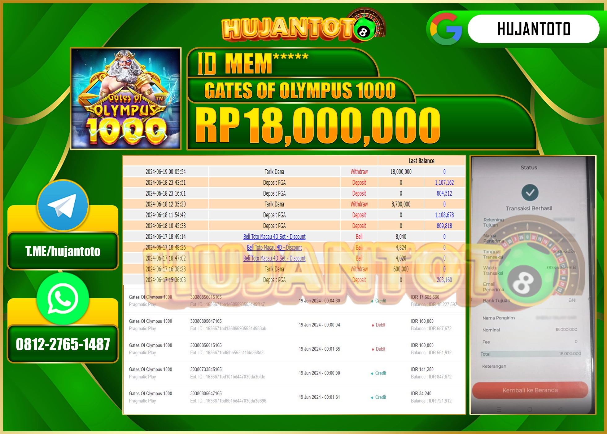 HUJANTOTO MENANG DI GATES OF OLYMPUS 1000 18.000.000 - LUNAS 