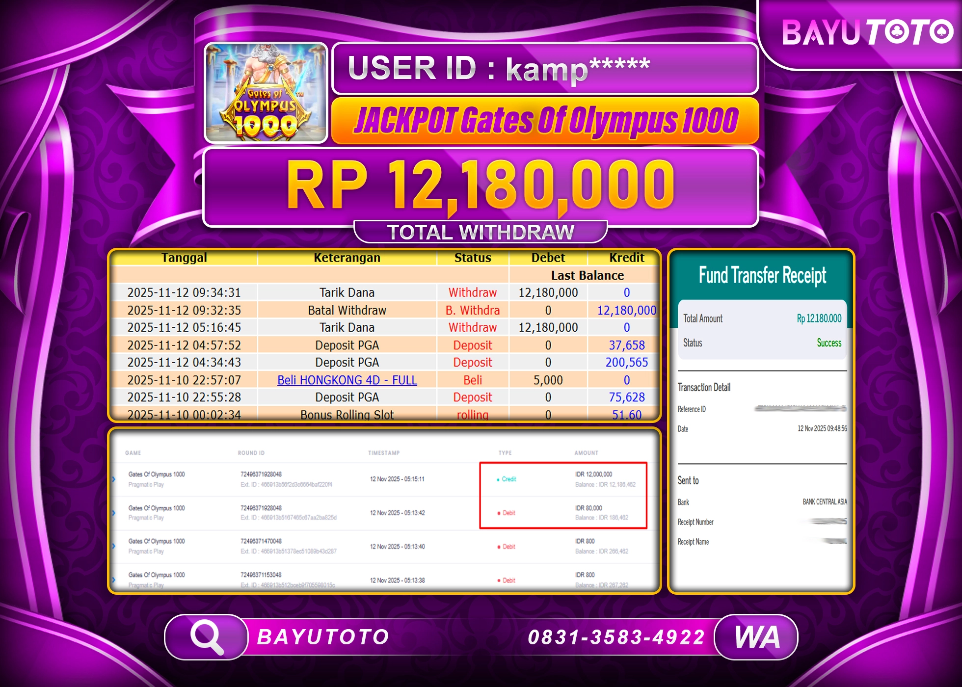 MEMBER BAYUTOTO JACKPOT DI SLOT GATE OF OLYMPUS 1000  Rp. 12,180,000 LUNAS