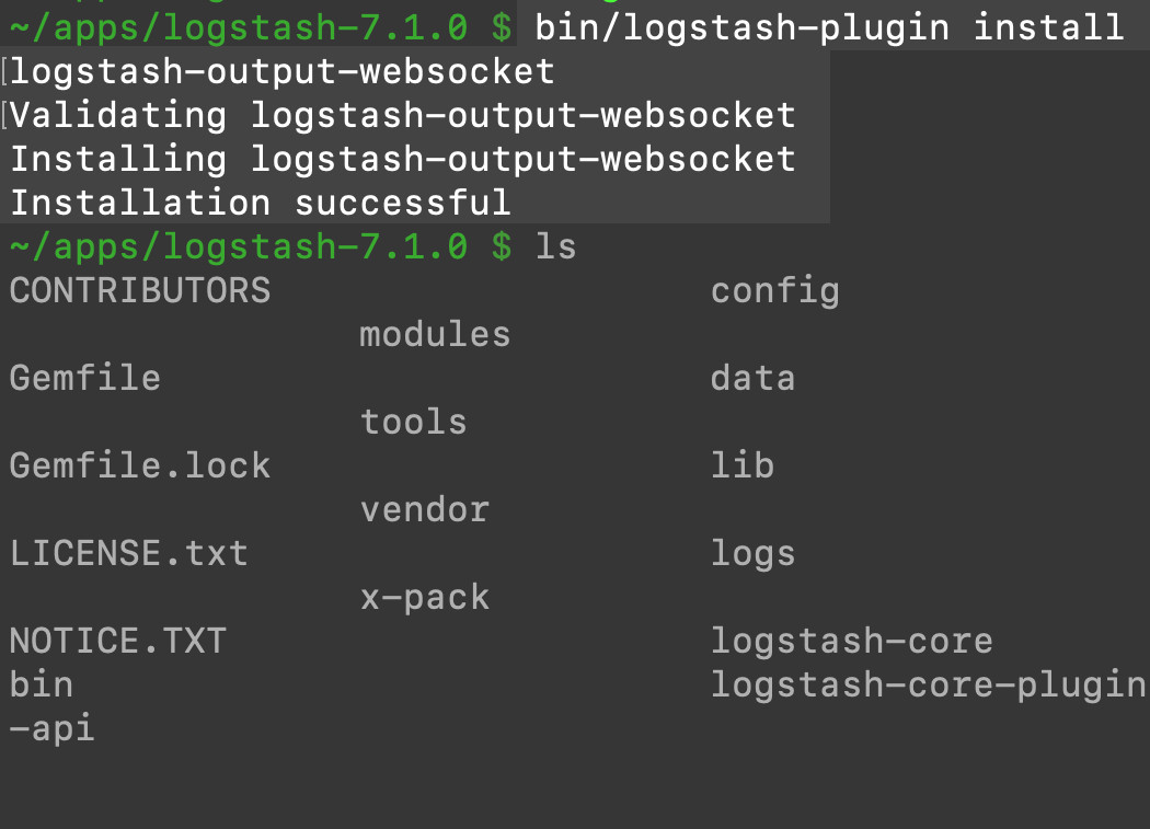 Screenshot of a terminal using the Logstash service to install the Websocket plugin