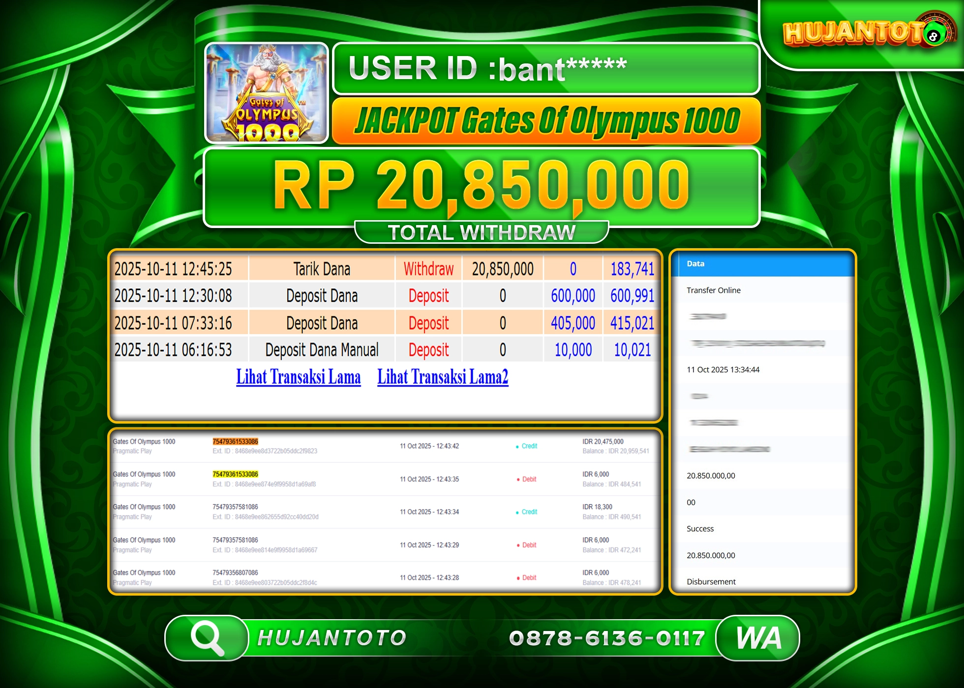 HUJANTOTO - BUKTI JACKPOT MENANG SLOT GATES OF OLYMPUS 1000 Rp.20,850,000 - TERBAYAR LUNAS
