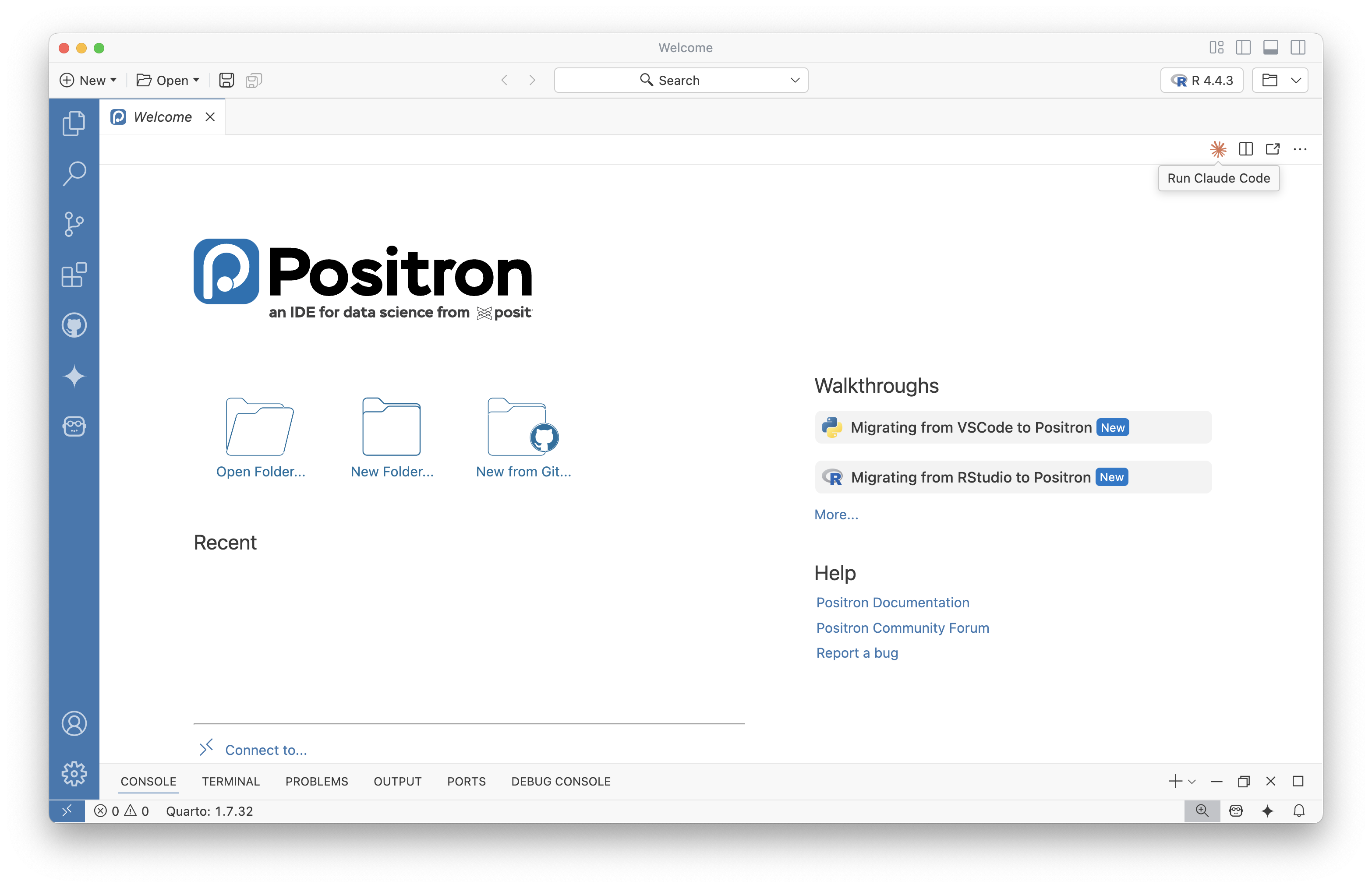 Posit 2025.07.0-204 の起動画面の例。VSCodeやRStudioから移行する人向けのガイドも用意された