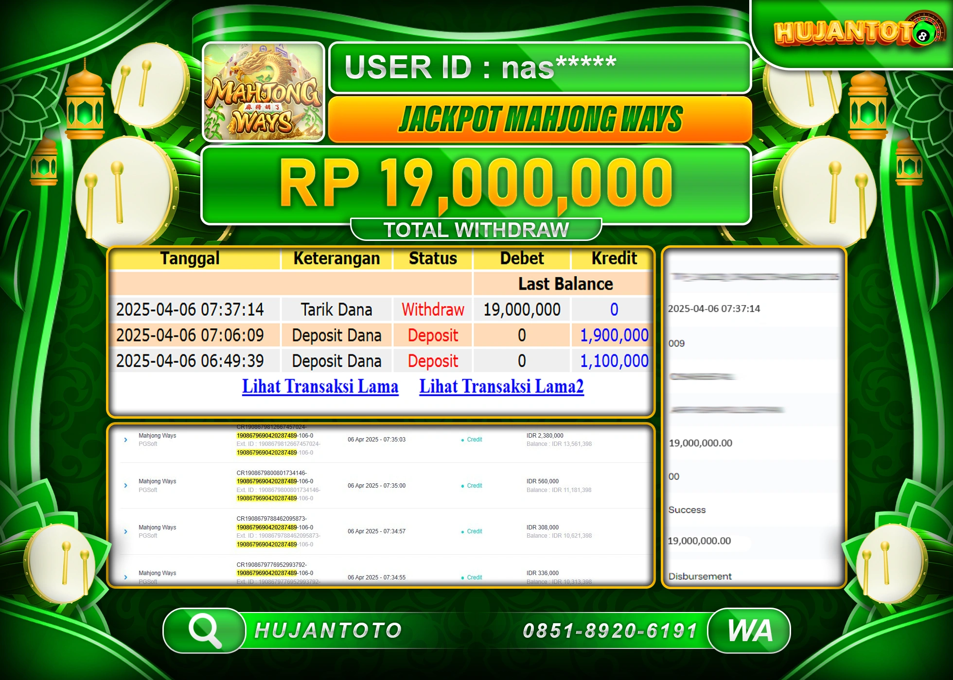 HUJANTOTO - BUKTI JACKPOT MENANG SLOT MAHJONG WAYS Rp,19,000,000 - TERBAYAR LUNAS