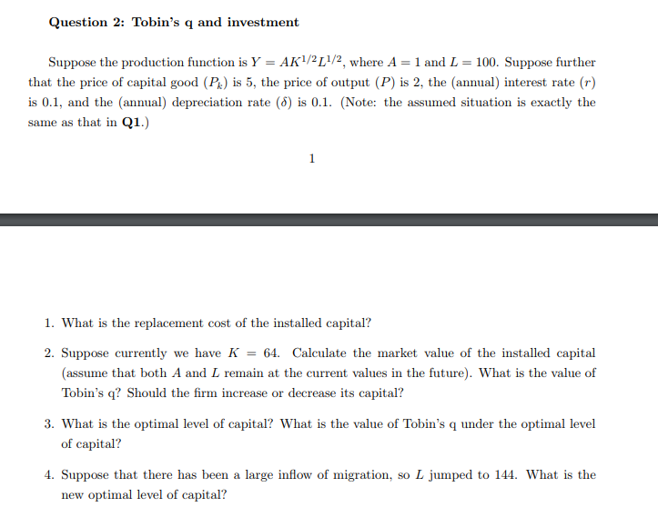 Solved Question 2: Tobin's q and investment Suppose the | Chegg.com