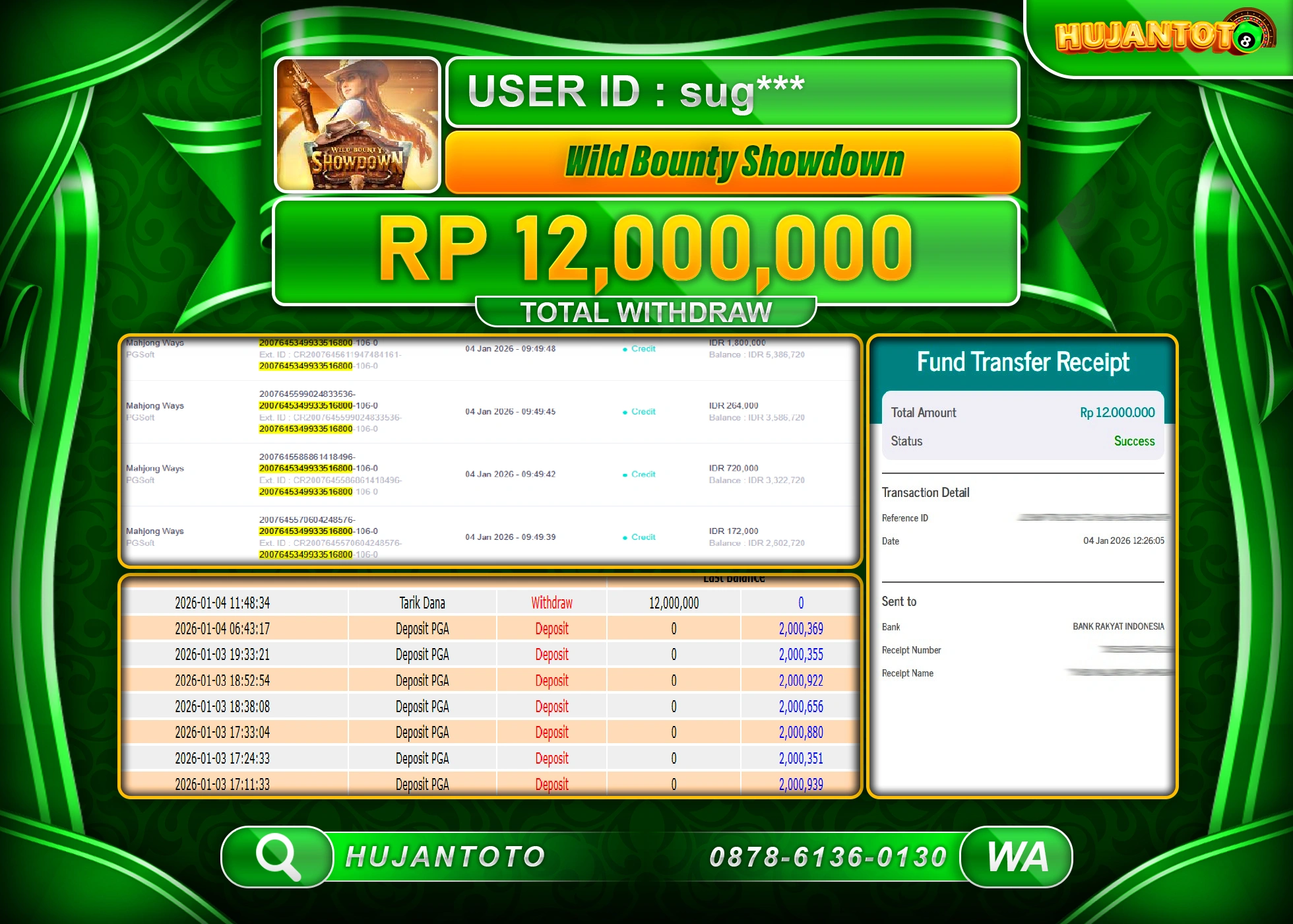 HUJANTOTO - BUKTI JACKPOT MENANG SLOT WILD BOUNTY SHOWDOWN Rp.12,000,000 - TERBAYAR LUNAS
