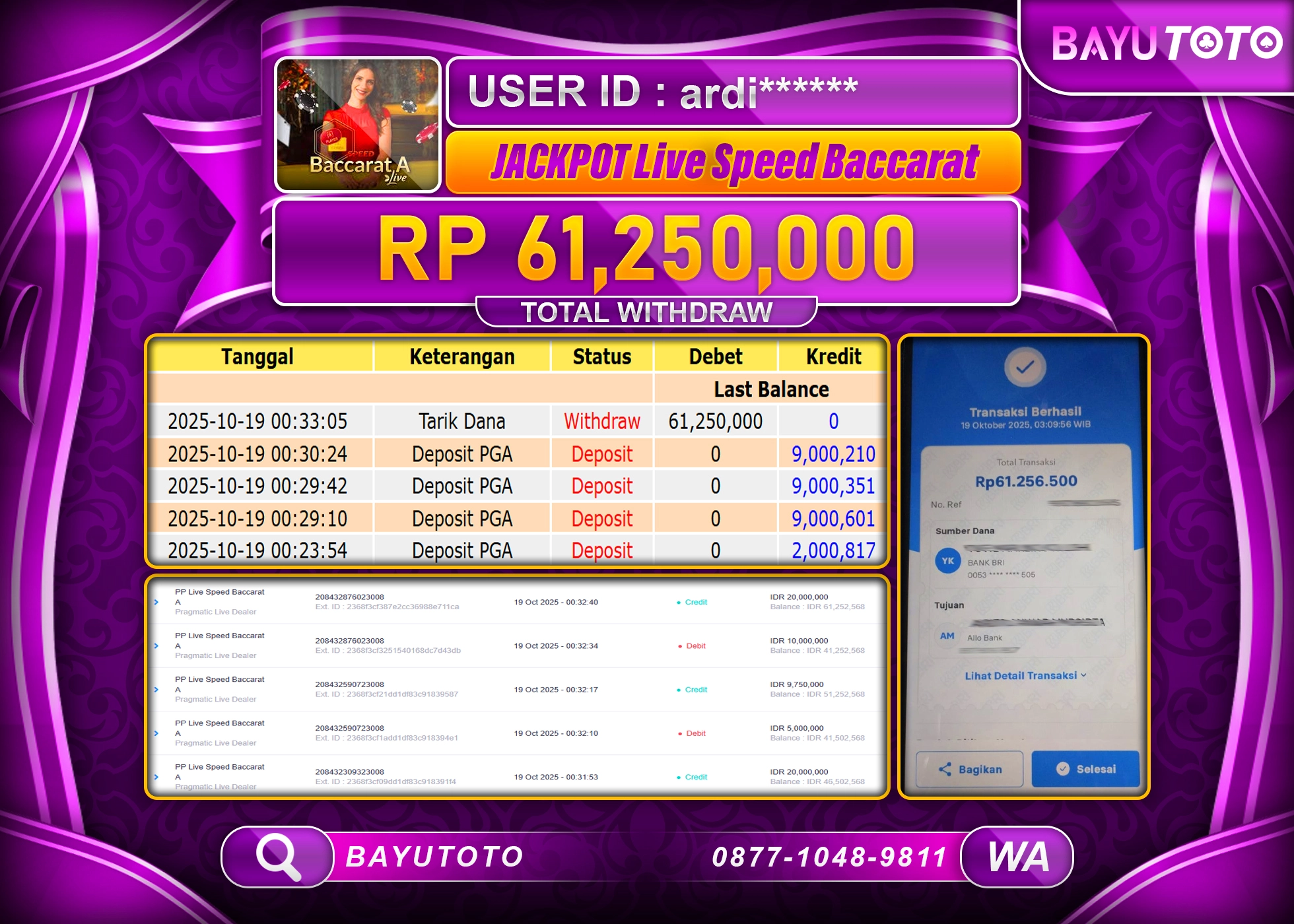MEMBER BAYUTOTO JACKPOT DI PRAGMATIC LIVE SPEED BACCARAT Rp.61.250.000 LUNAS