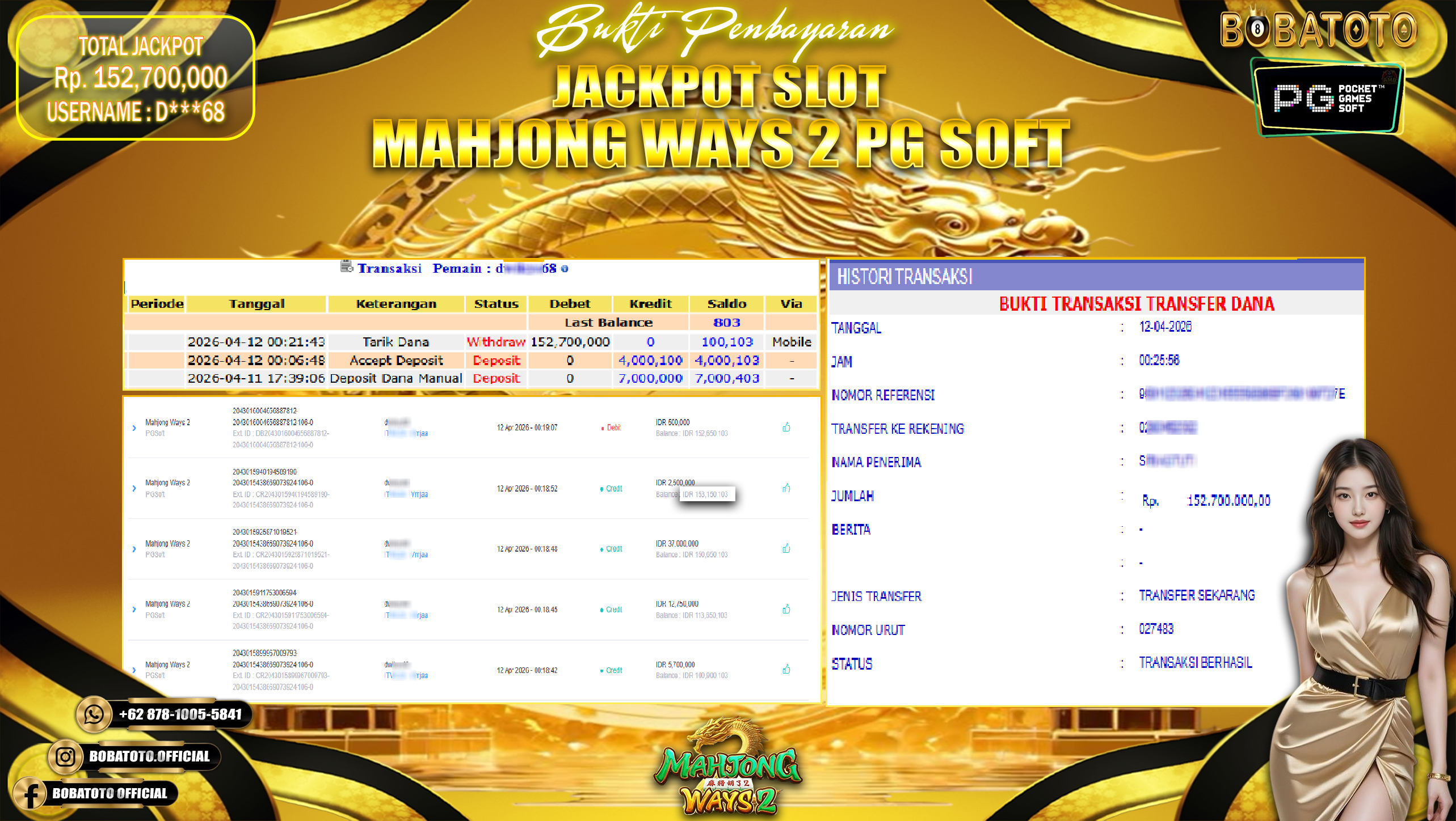 BOBATOTO JACKPOT SLOT MAHJONG WAYS2 PG SOFT  Rp.152,700,000,- LUNAS!!