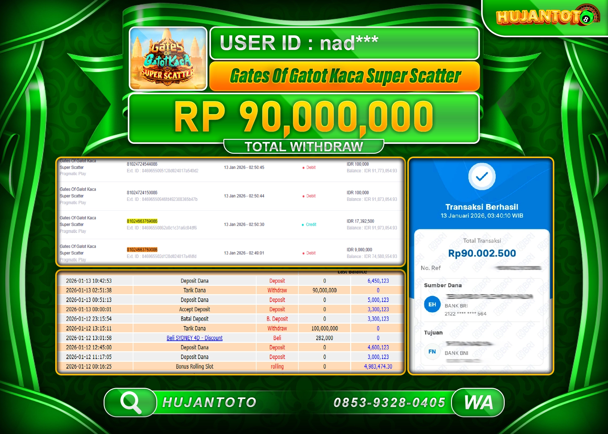 HUJANTOTO - BUKTI JACKPOT MENANG SLOT GATES OF GATOT KACA SUPER SCATER Rp.90,000,000 - TERBAYAR LUNAS