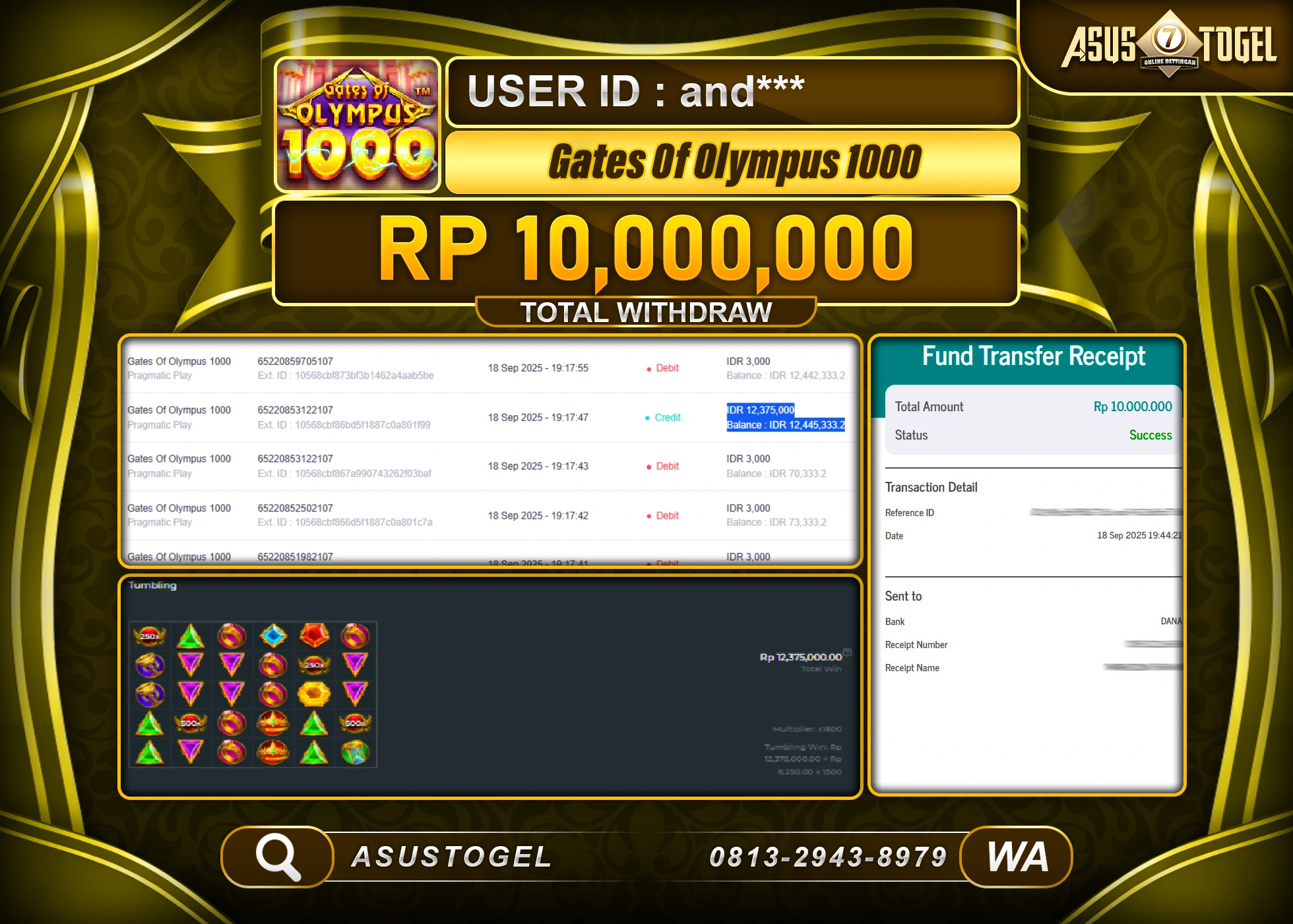 ASUSTOGEL KEMENANGAN DI SLOT GATES OF OLYMPUS 1000 SEBESAR 10,000,000- RUPIAH LUNAS