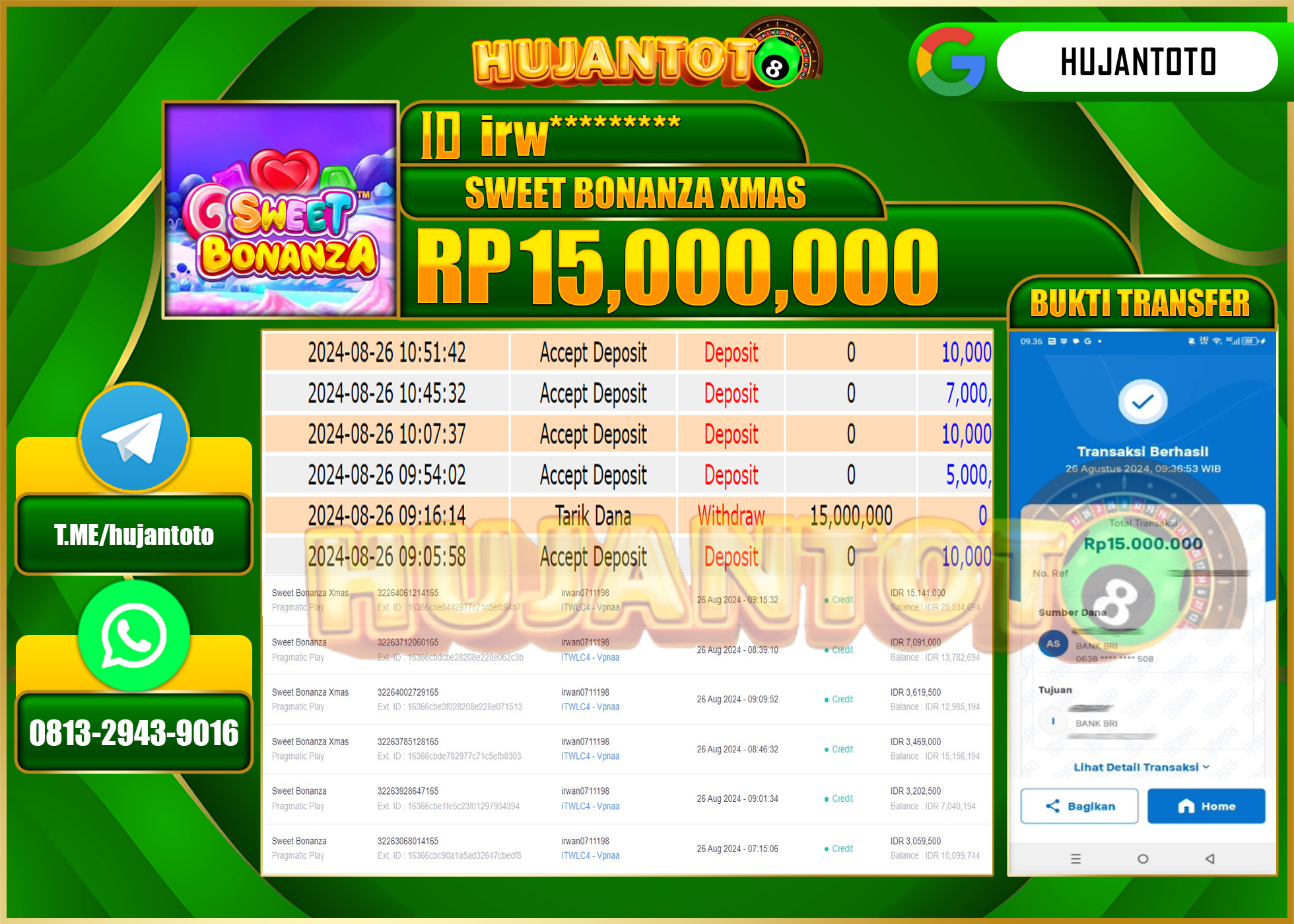 HUJANTOTO MENANG BESAR DI PERMAINAN SWEET BONANZA, 15.000.000 - LUNAS 